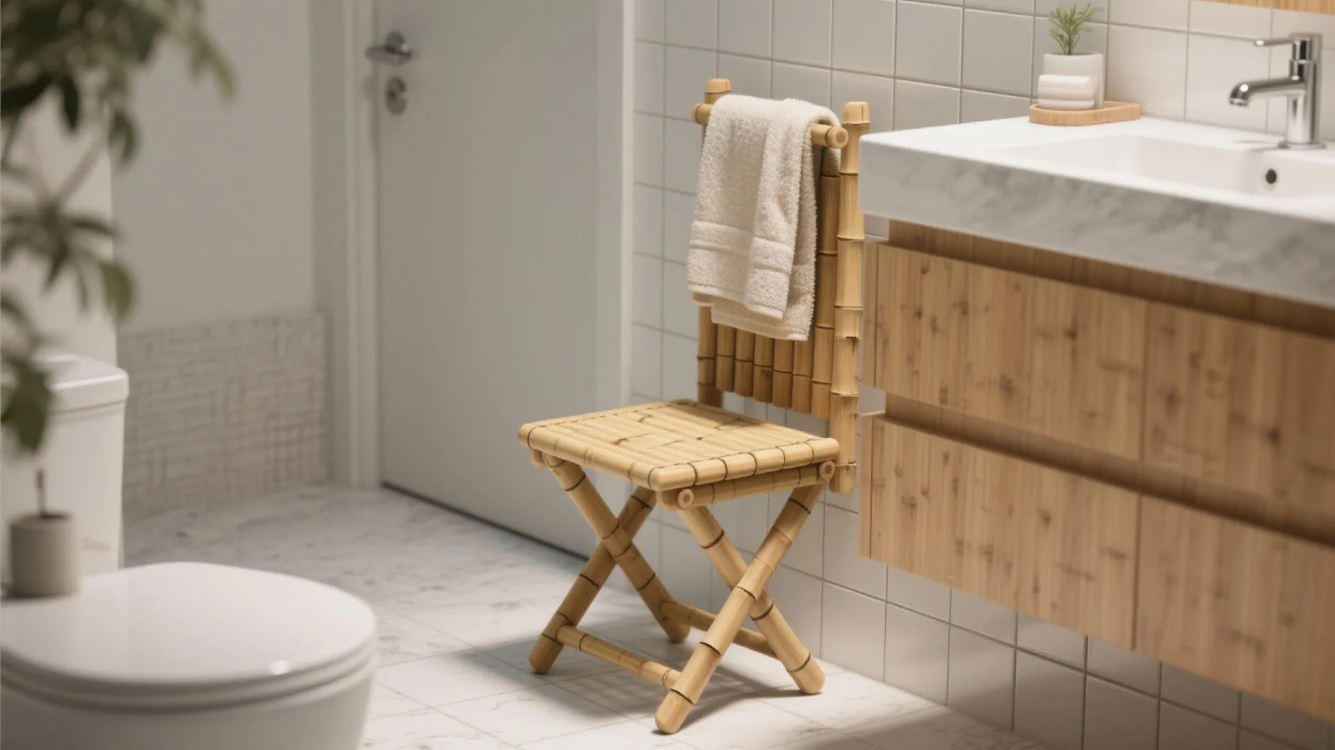 Foldable bamboo bathroom stool used as a towel valet in a small bath.