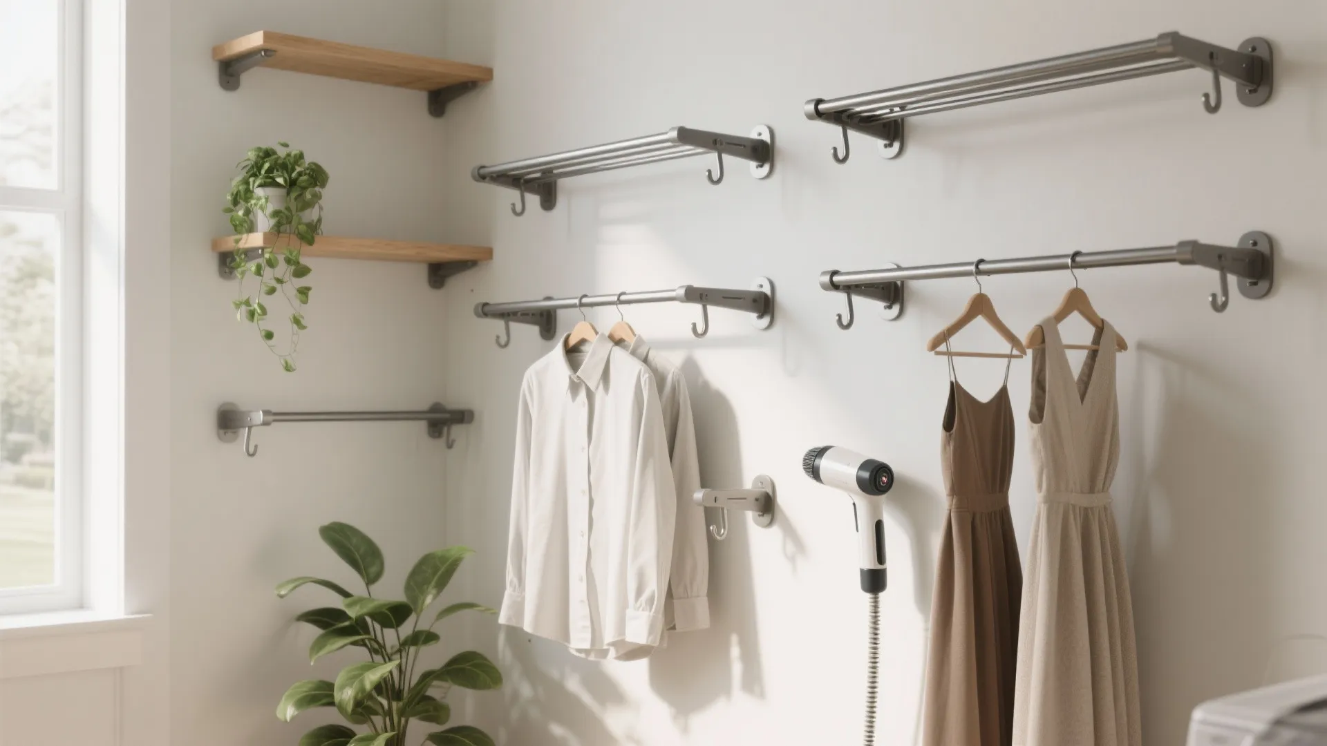 5. Wall-mounted foldable bar with interchangeable hooks