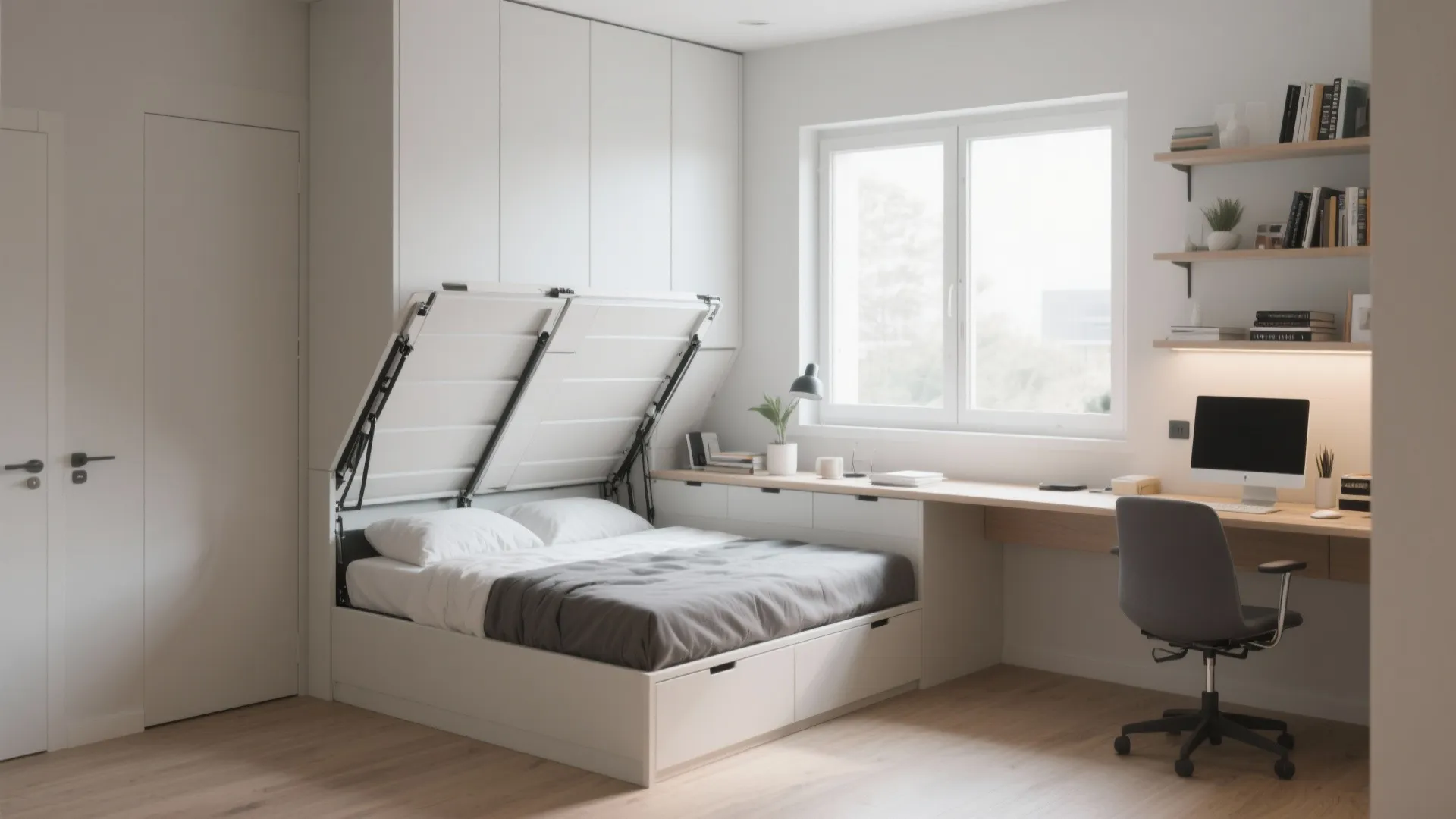 White modern study room featuring integrated wall bed, wooden desk, black chair, and storage shelves