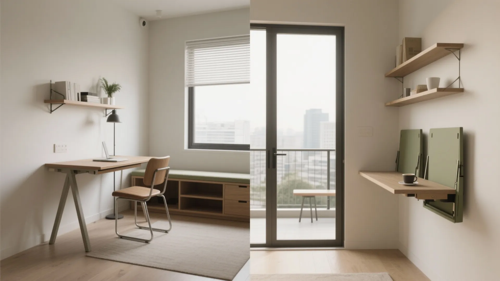 Before-and-after comparison showing a traditional home office desk versus a space-saving wall-mounted folding desk