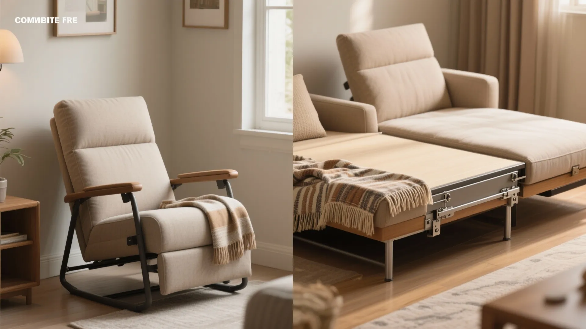 Comparison showing a beige armchair on left and same piece unfolded into sofa on right