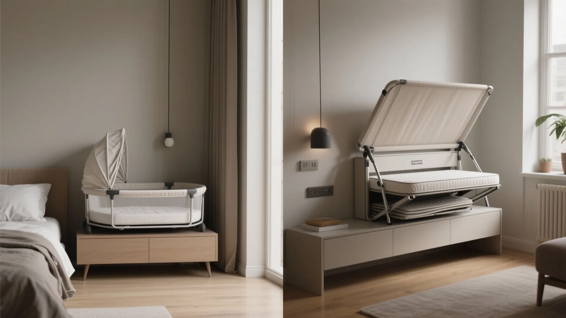 Before-and-after comparison showing a baby bassinet being folded into a flat wooden storage cabinet system