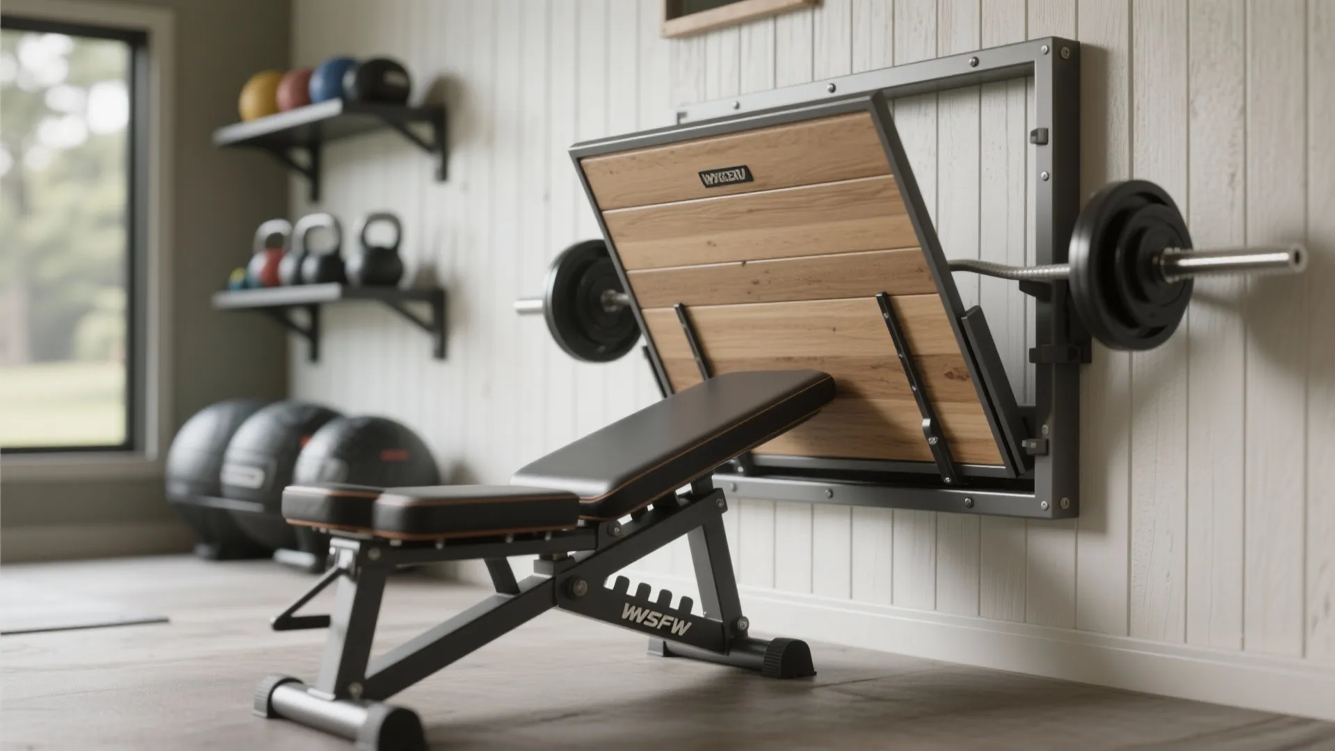 Wall-mounted Murphy-style foldable weight bench in a small gym shed