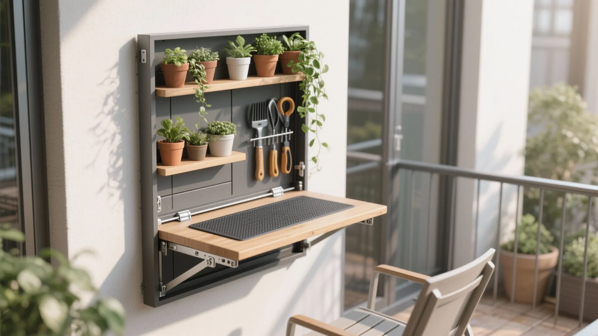 Fold-down potting bench with shelves and hidden storage on a tiny balcony.