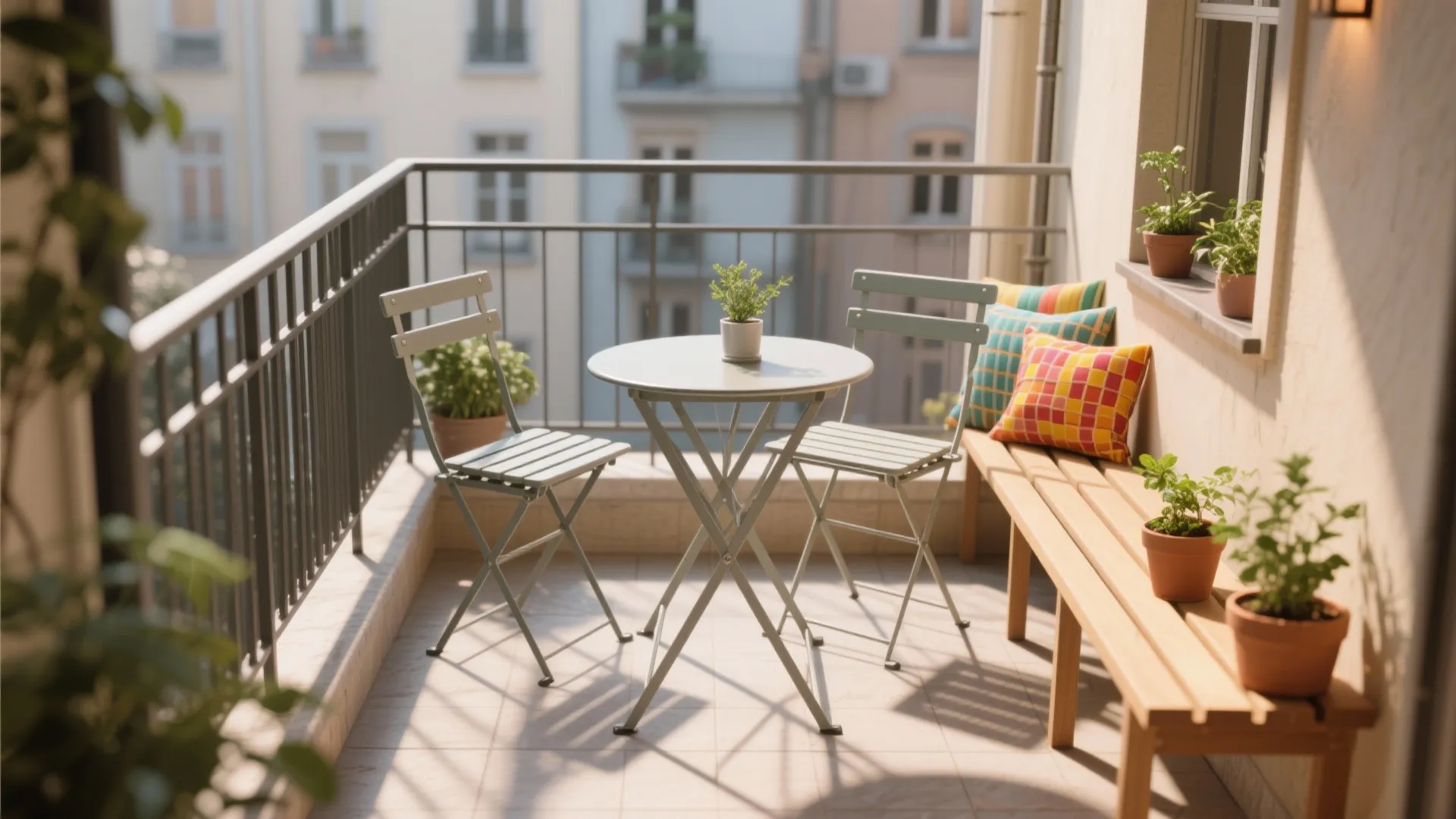 Outdoor balcony with light green folding table chairs wooden bench colorful cushions and potted herbs