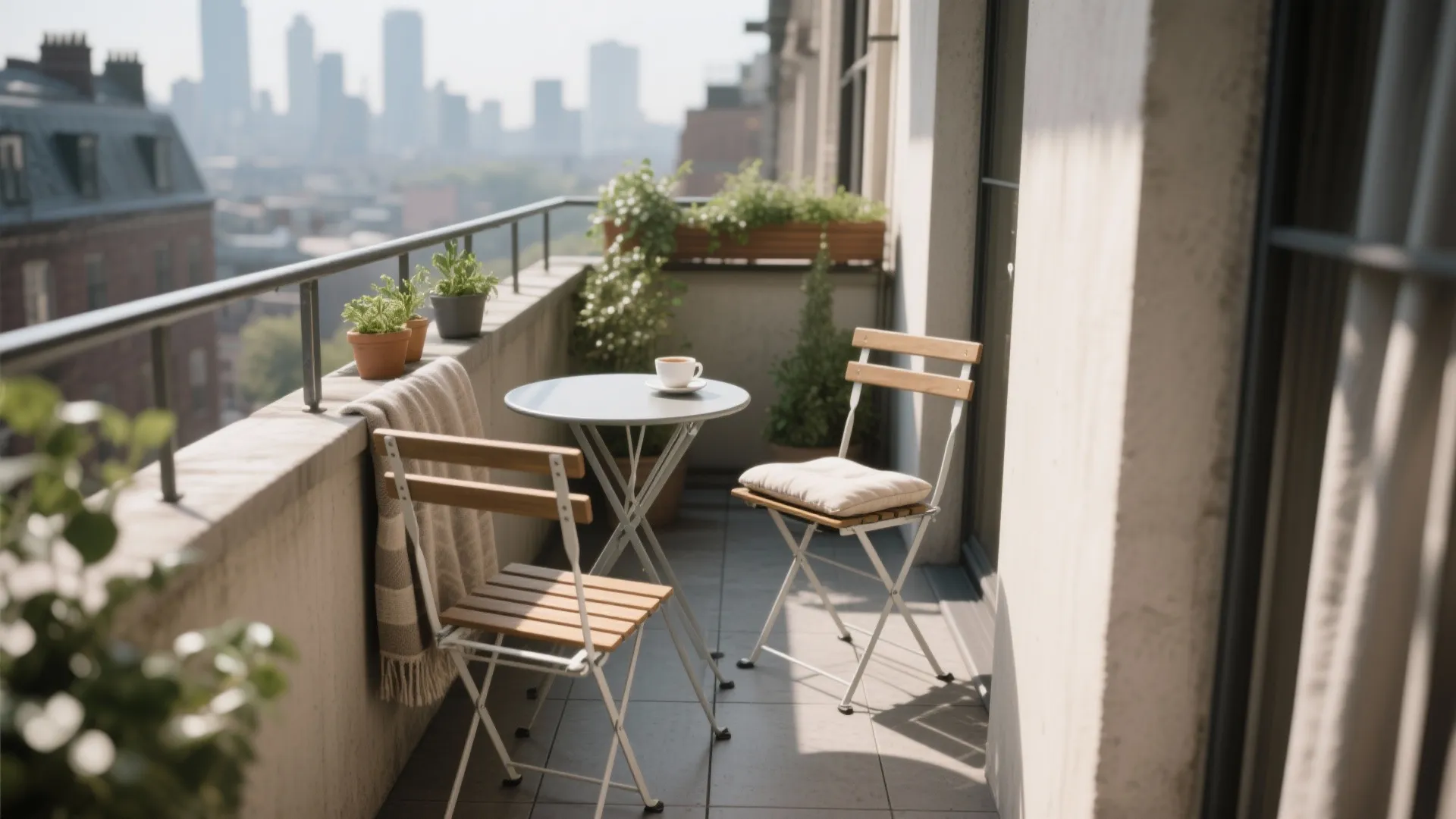Small balcony with white folding table, two wooden chairs, potted plants, and city skyline view
