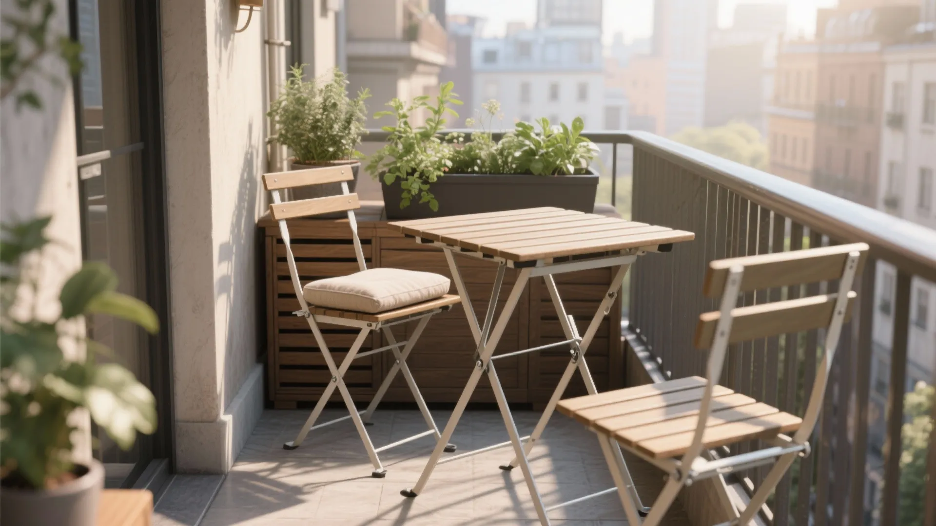 Compact foldable bistro table on a tiny balcony with reinforced hinges and cushions.
