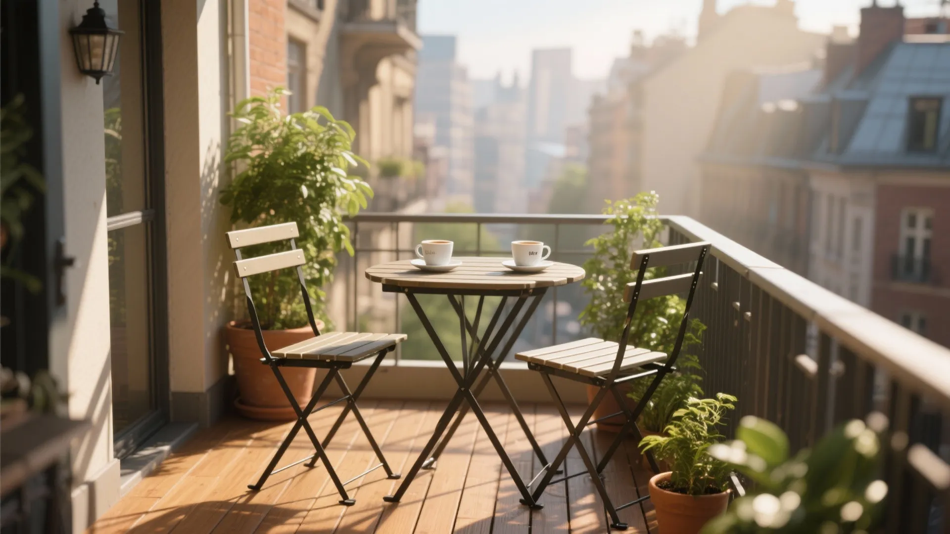 A charming foldable bistro set on a balcony with morning coffee.