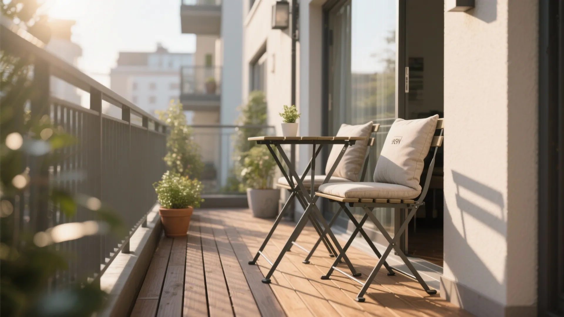 Small balcony featuring black folding table two chairs with cushions on a sunny wooden floor
