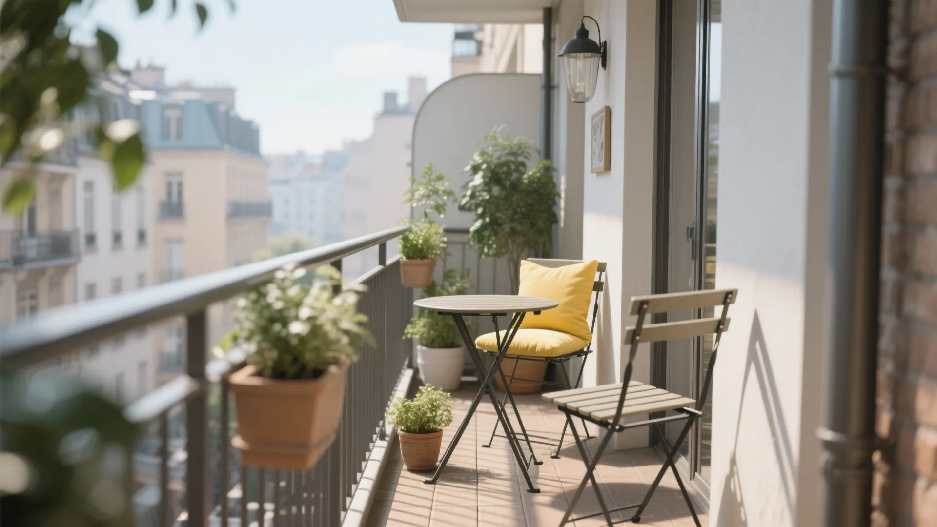 Small black metal bistro table and chairs on a balcony with potted plants and sunlight