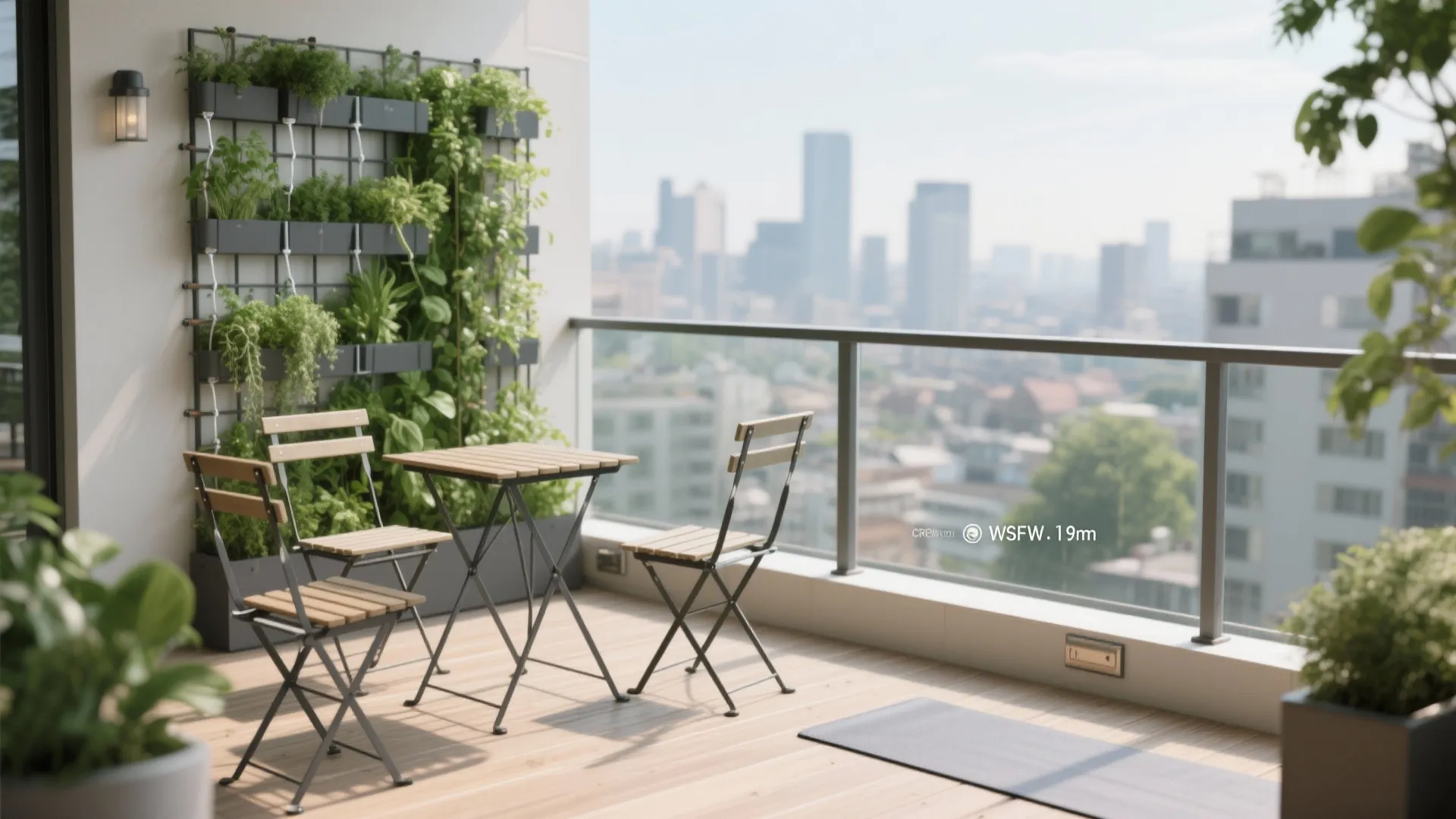 Modern balcony with foldable wooden table chairs vertical garden plants and a city skyline view