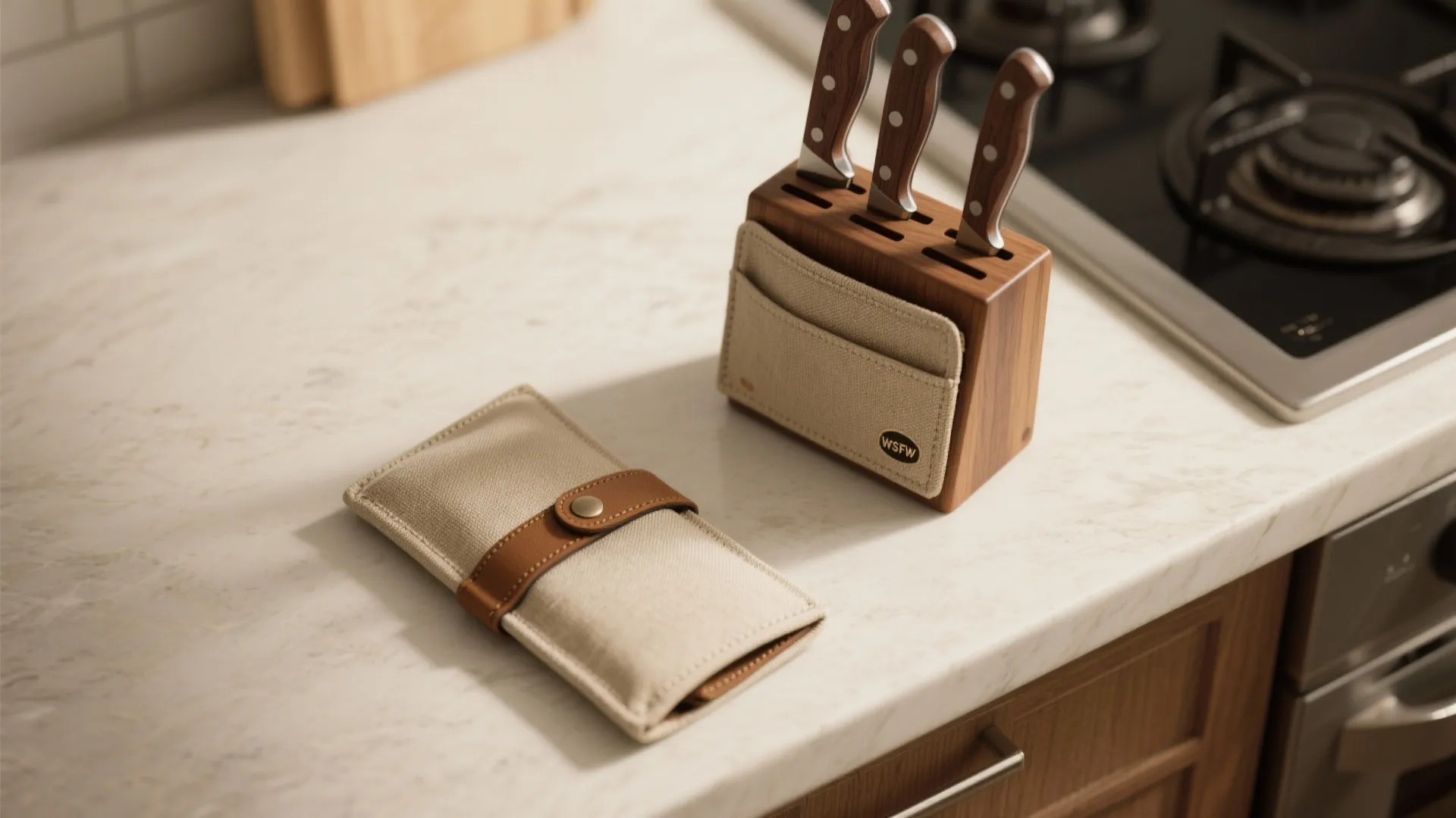 Wooden knife block and fabric knife roll on a white marble countertop in modern kitchen