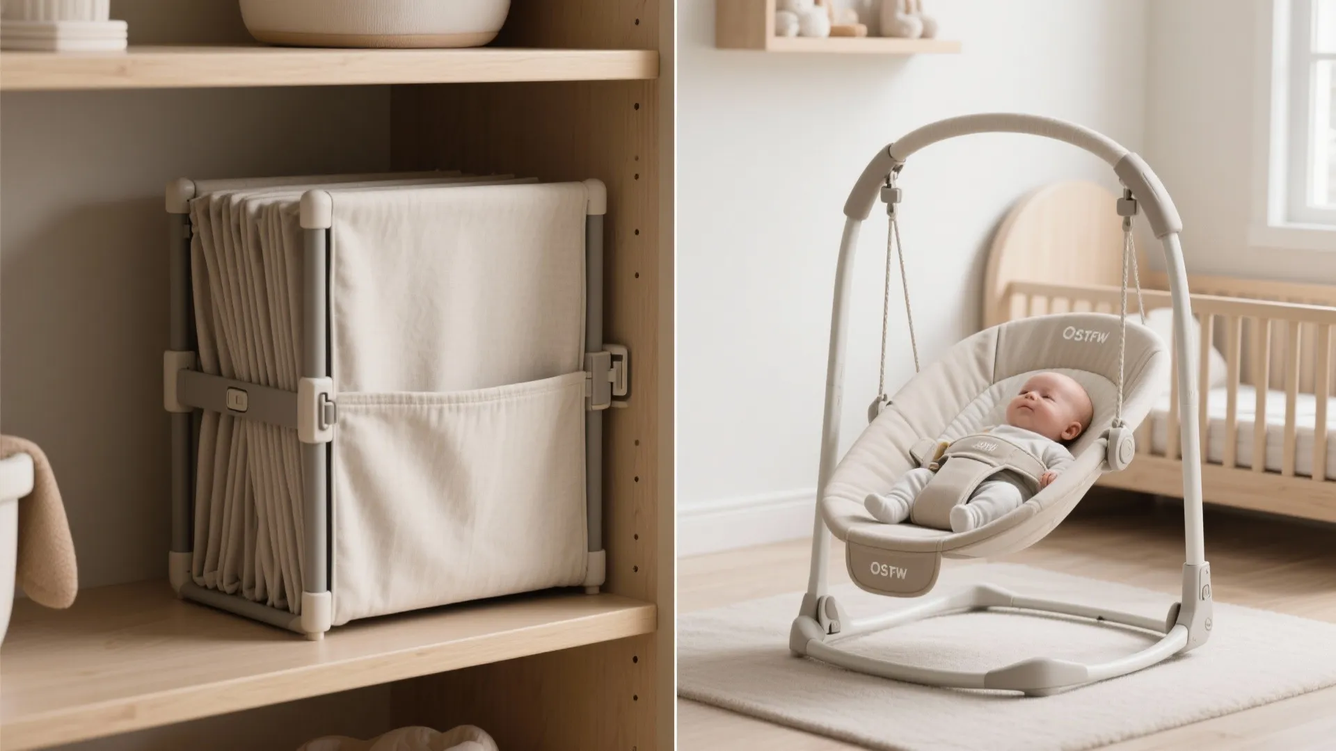 Folded cream baby bouncer stored on shelf next to unfolded bouncer with baby in nursery