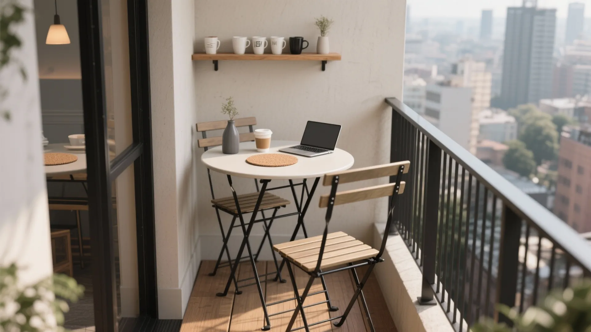 Small balcony cafe corner with folding bistro table and stackable stools.
