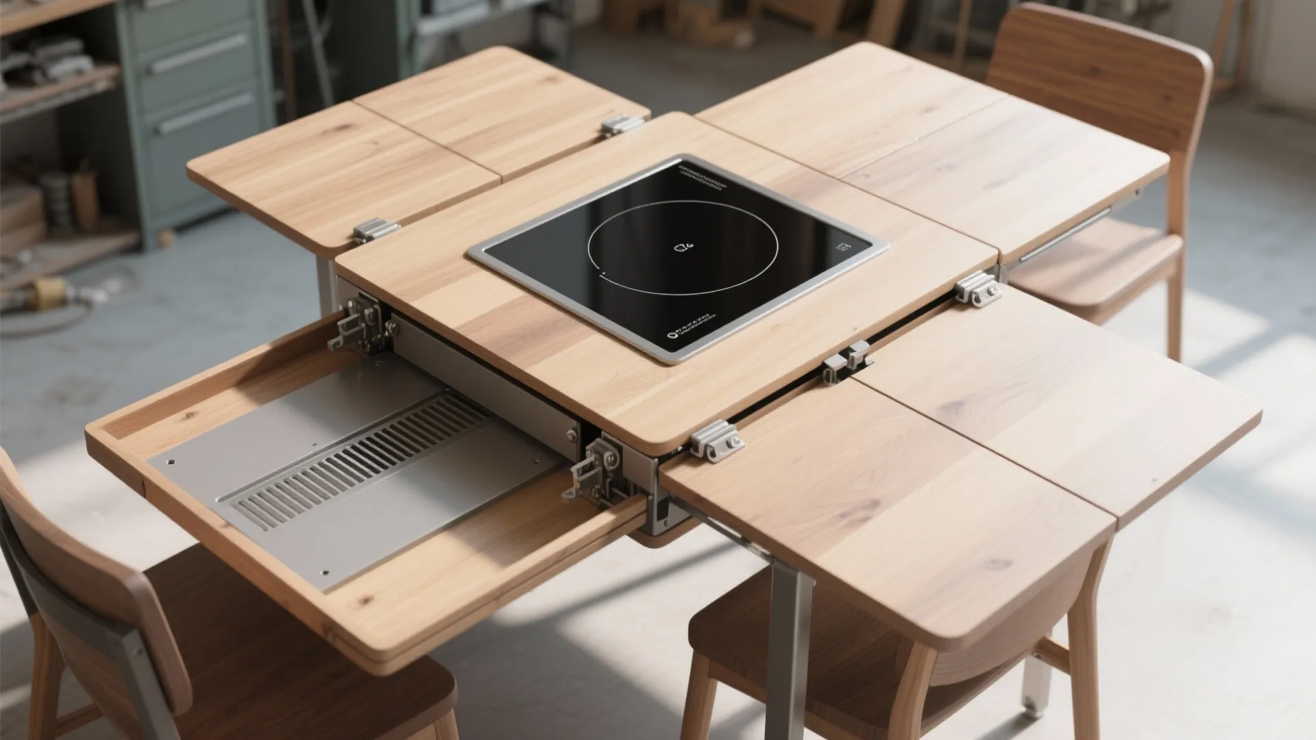 Top-down view of a foldable dining table showing folded and expanded states with a recessed center cooktop.