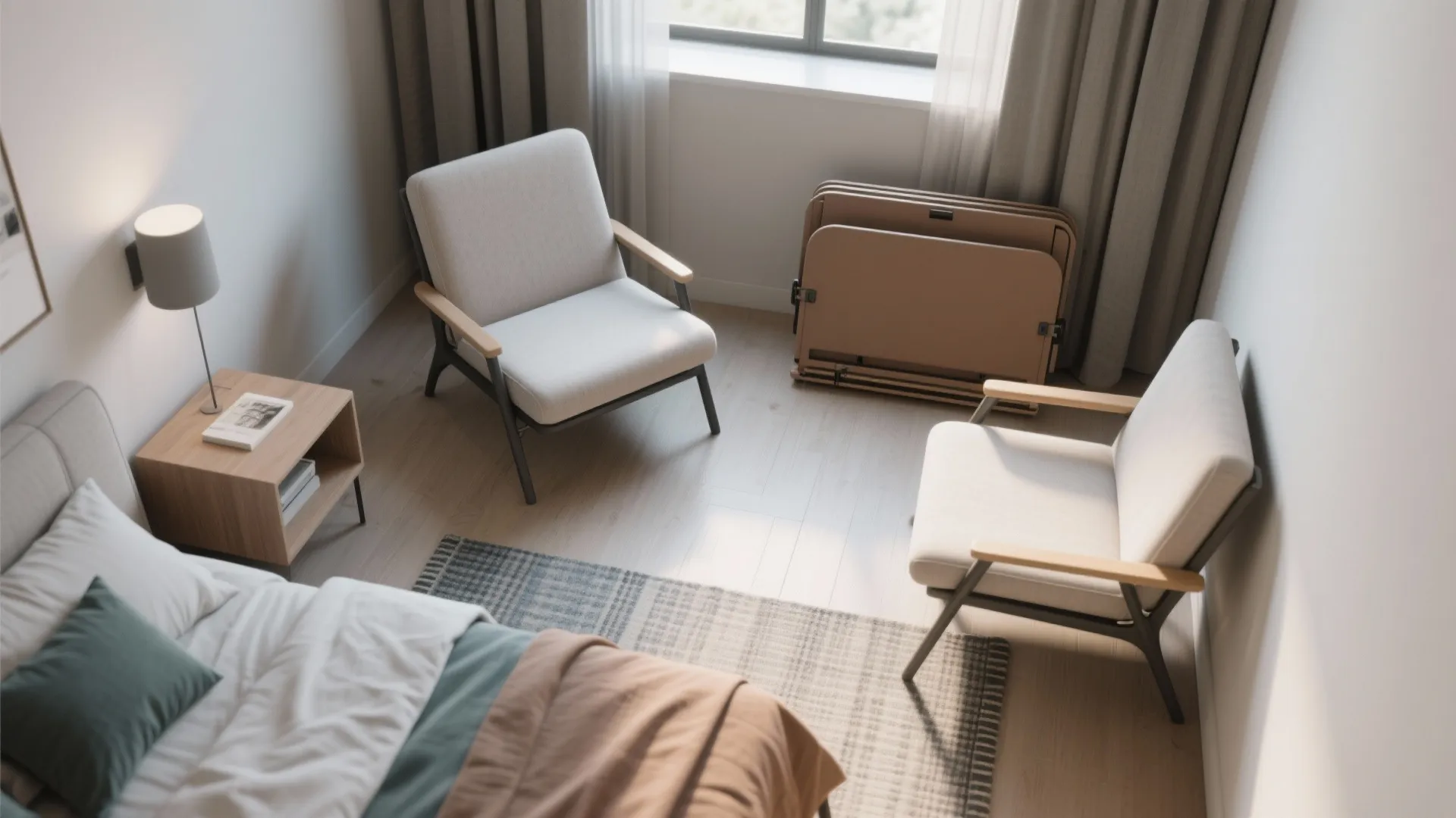 Top-down layout showing a foldable accent chair stored flat and deployed in a compact bedroom layout.
