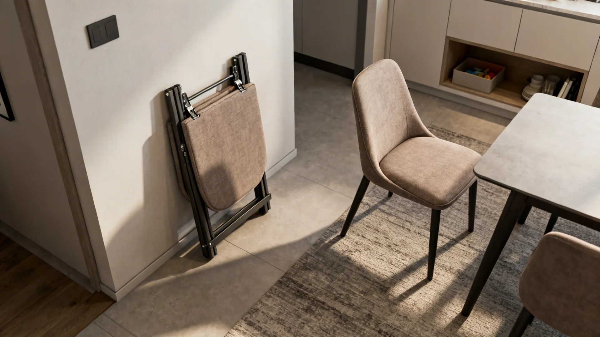 Top-down view of a foldable taupe accent chair shown folded and open in a small apartment layout.