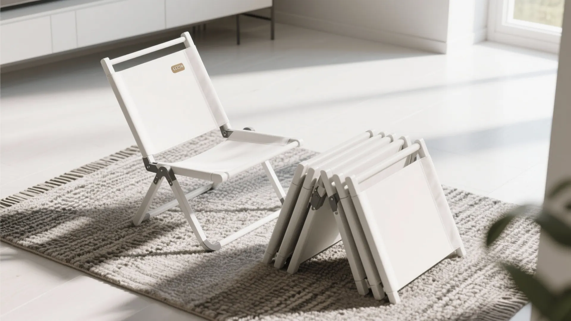 Top-down steps showing a foldable white accent chair folded and unfolded.