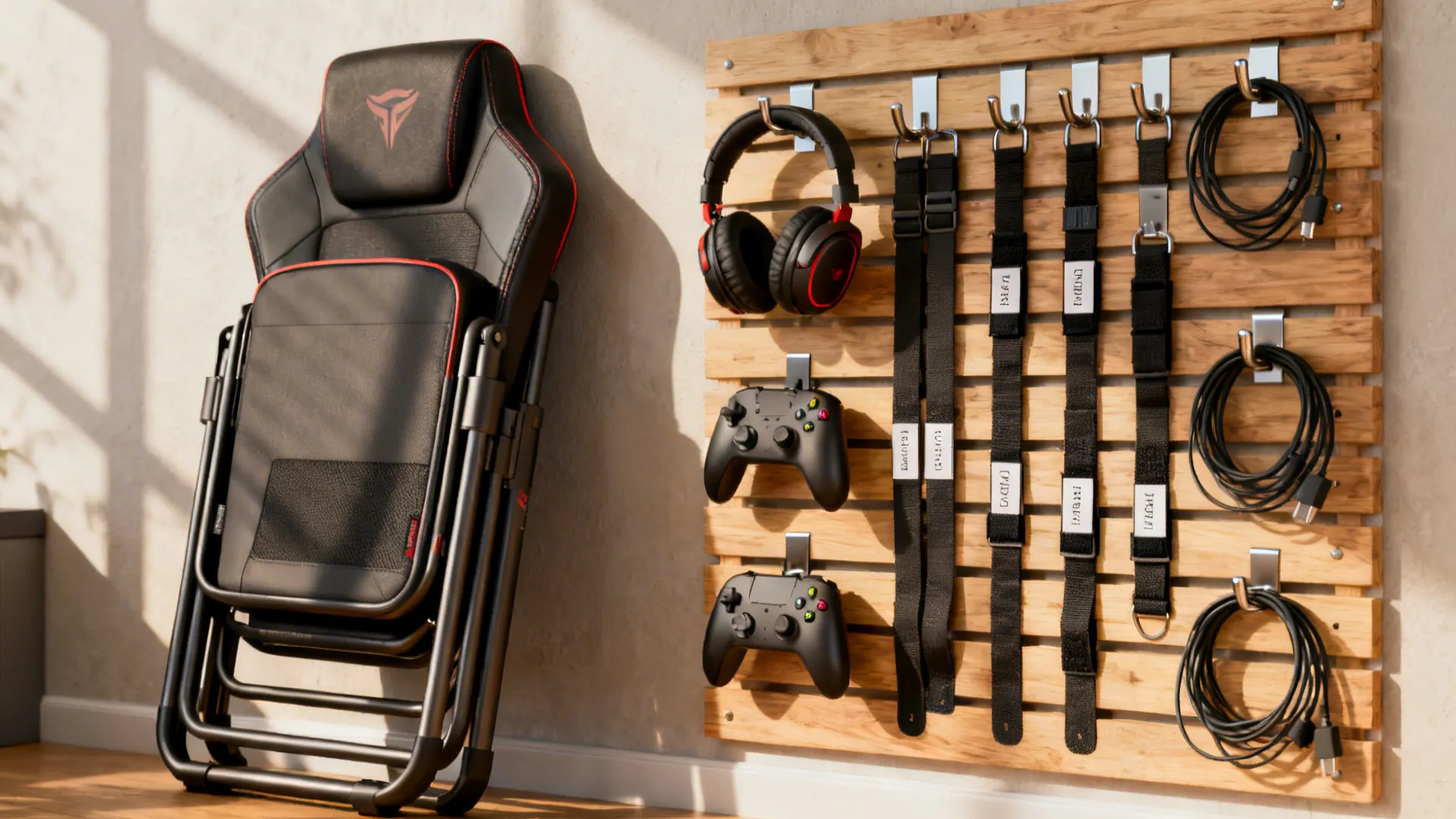 Foldable gaming chair beside a modular pegboard storing headphones and controllers.