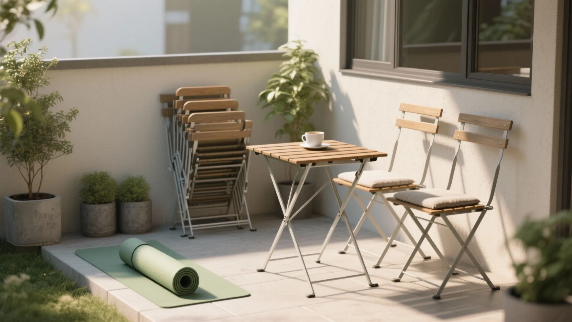 Small balcony with folding wooden table and chairs plus a green yoga mat on the floor