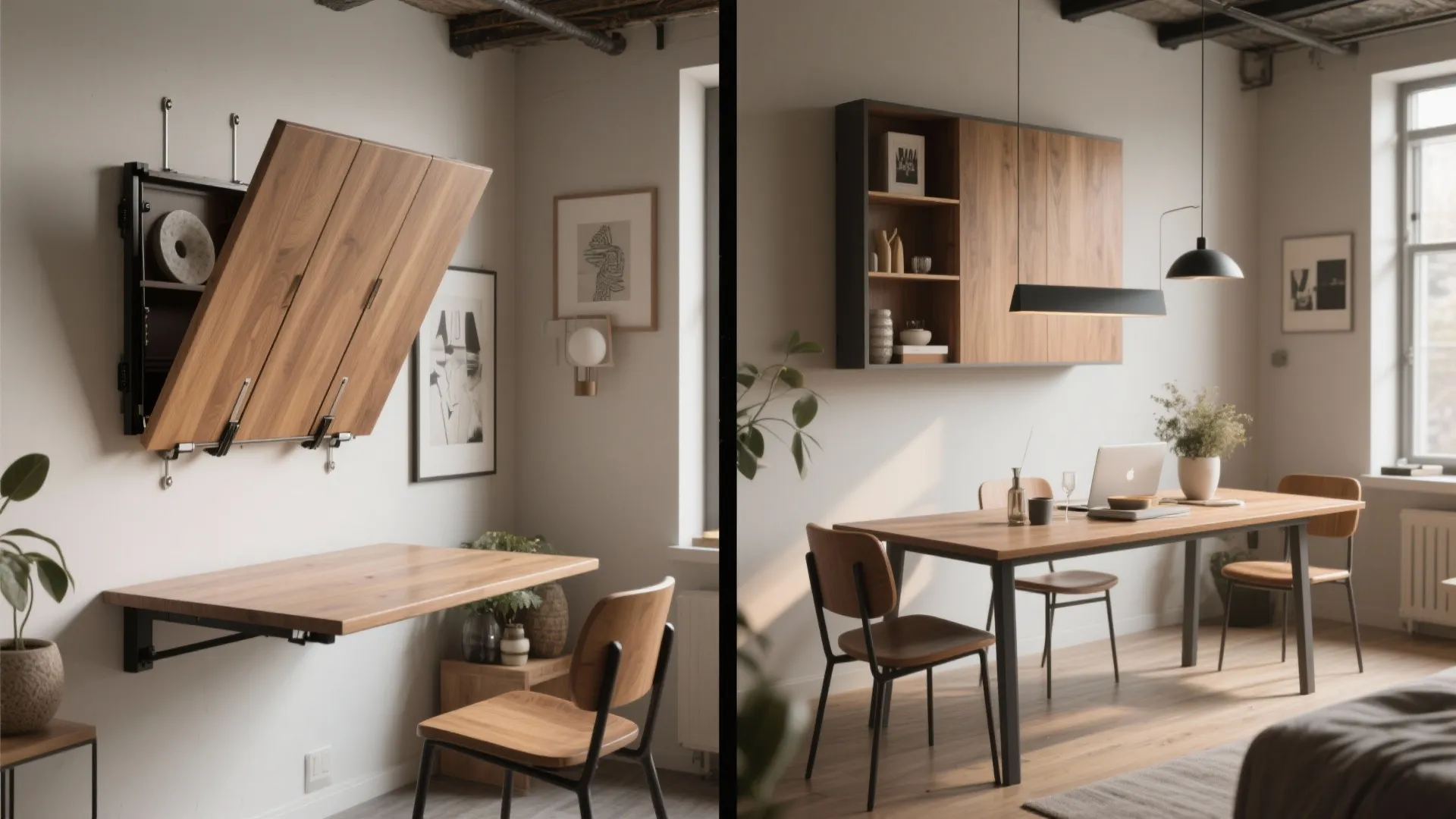 Before-and-after comparison of a wall-mounted foldable table folded into a display and unfolded as a dining surface in a loft.