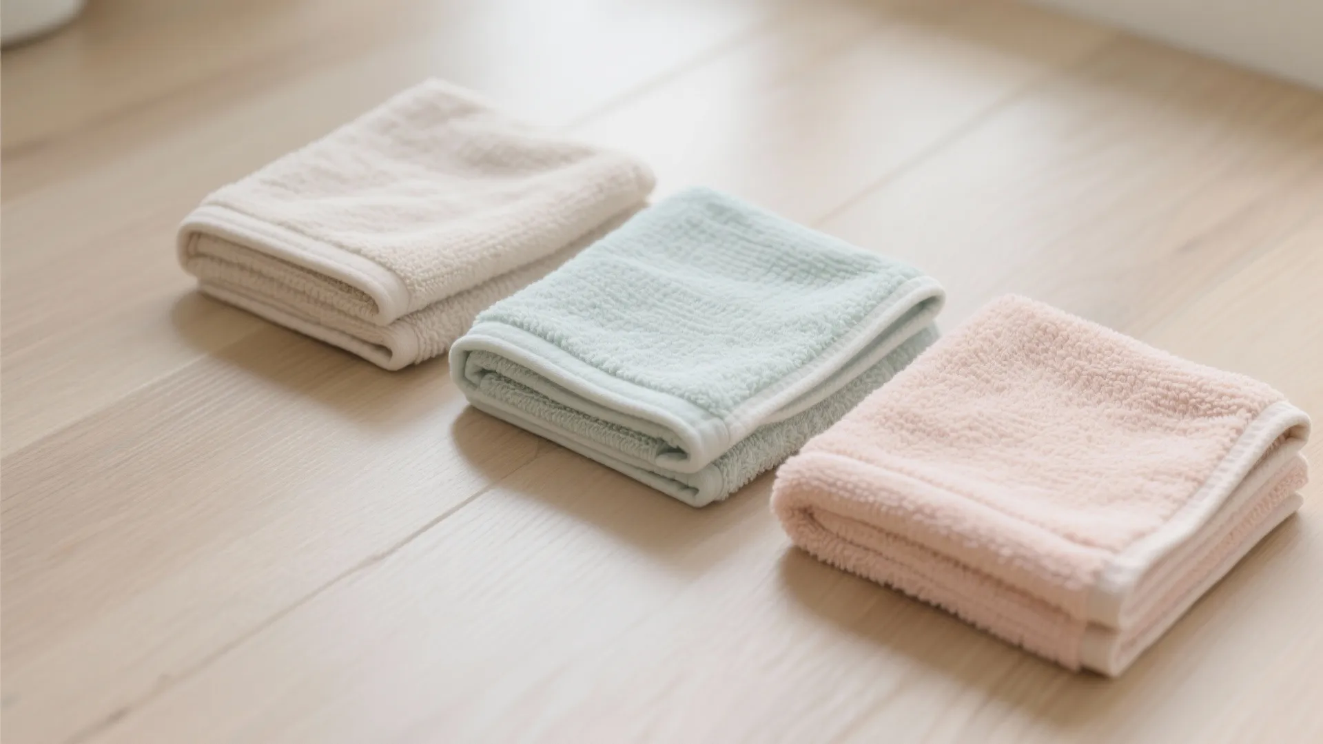 Three folded small cotton rugs in beige light blue and pink on a wooden floor