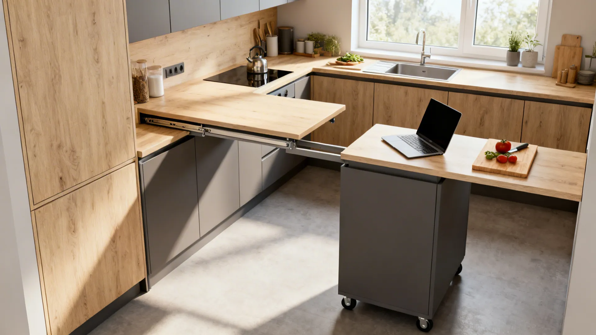 Fold-down countertop deployed and a slim rolling island in use in a compact kitchen.