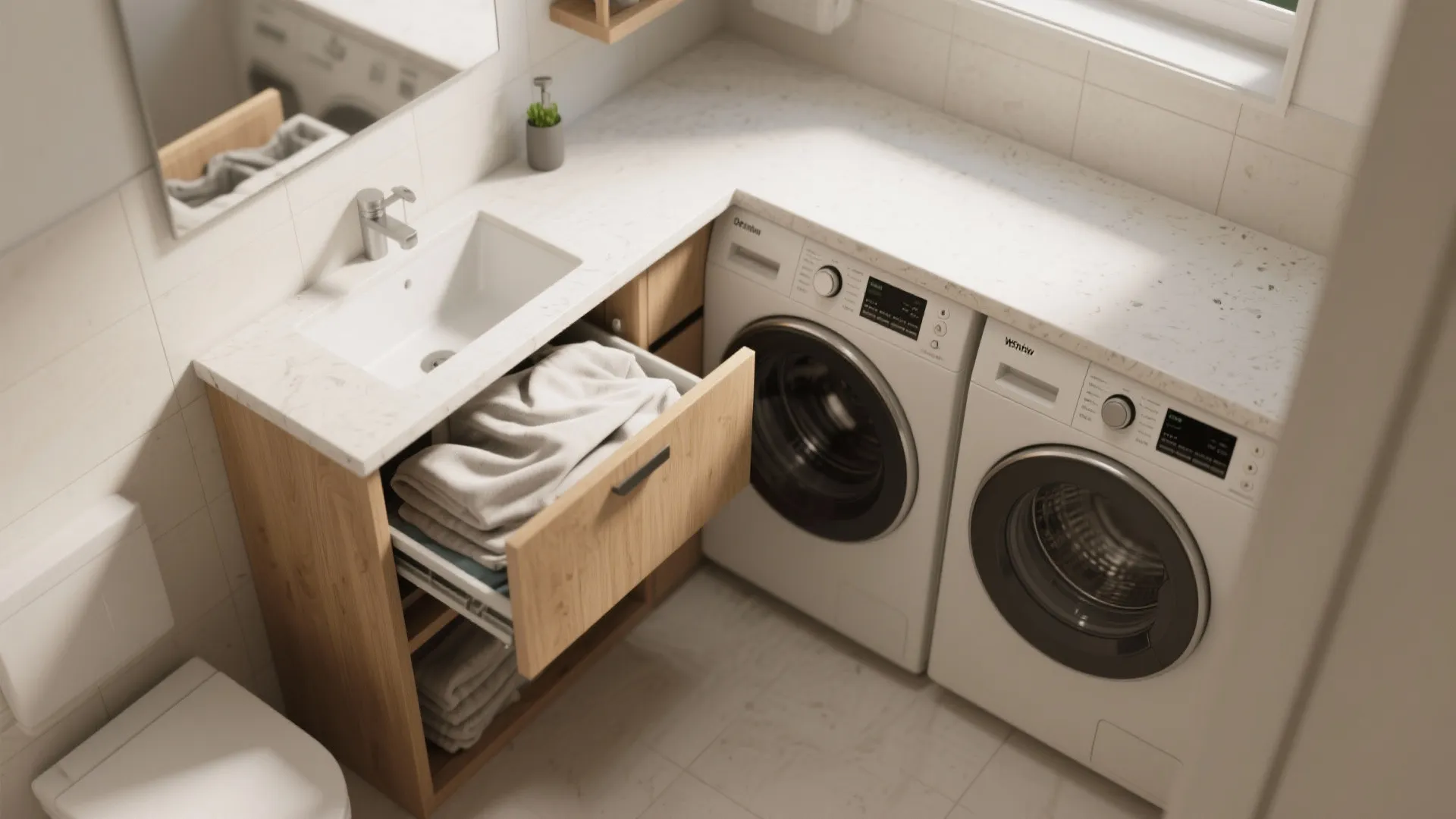 Bathroom laundry area with white countertop over two washing machines and open wooden towel drawer