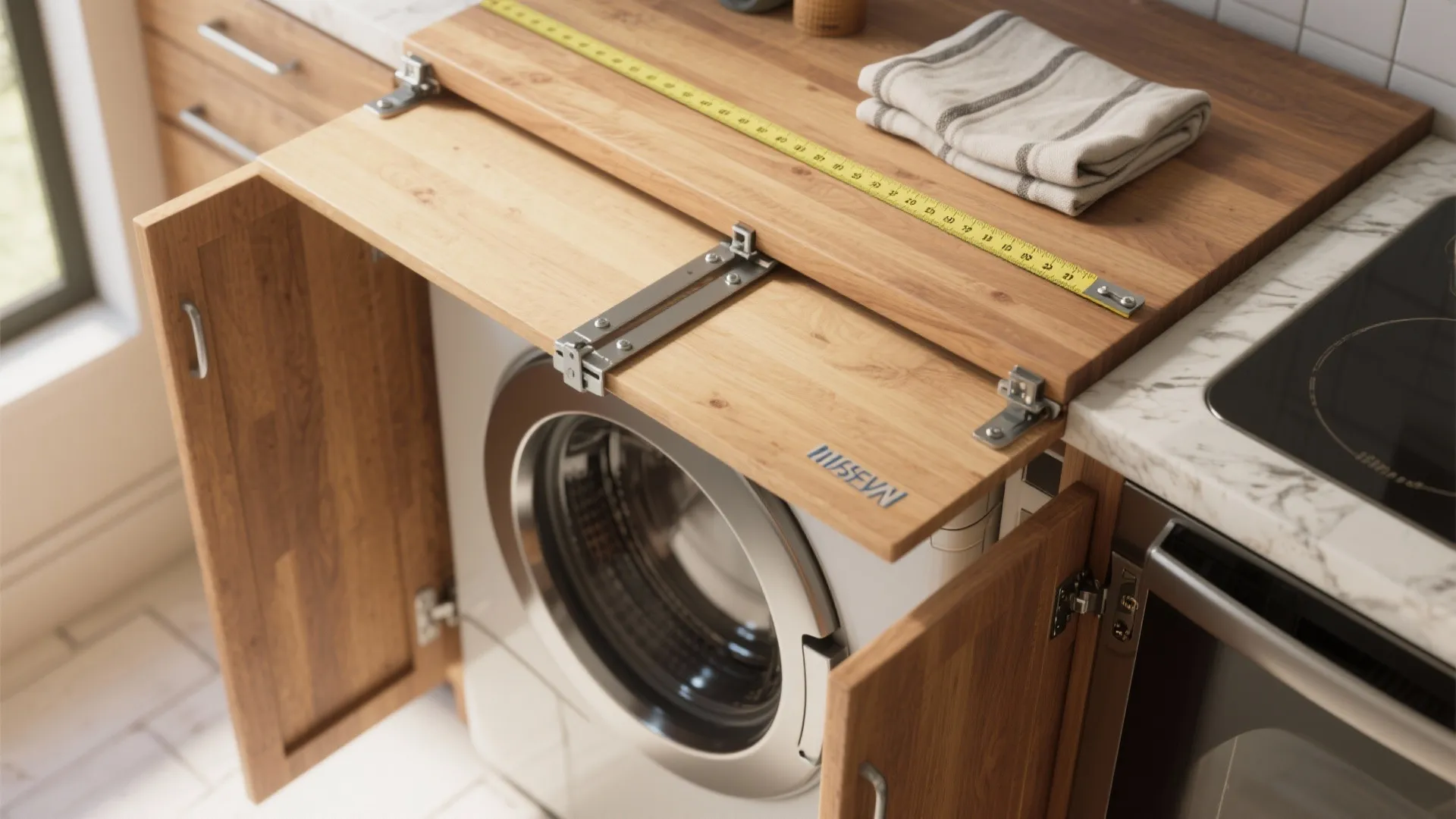 Foldable wooden countertop installed over a white washing machine inside a modern laundry room cabinet