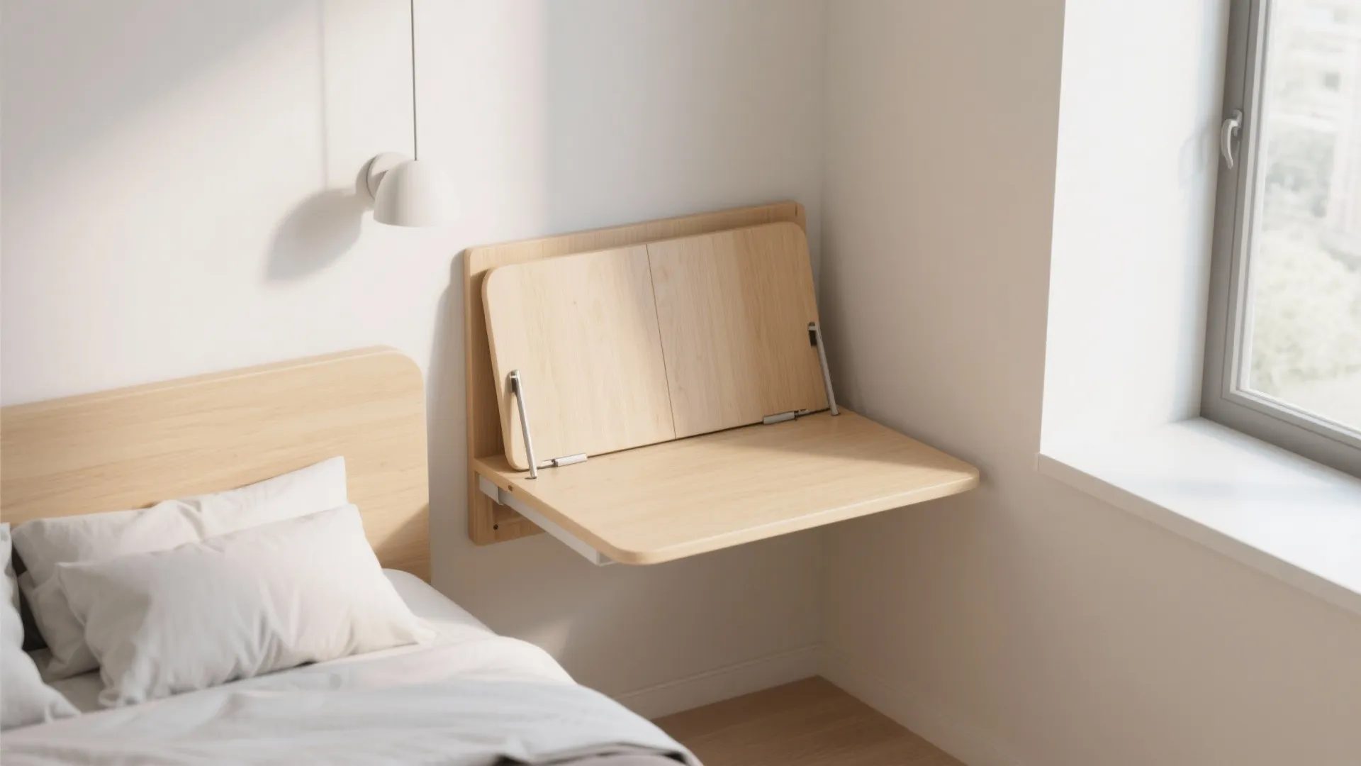Wall-mounted foldable desk in a compact bedroom corner