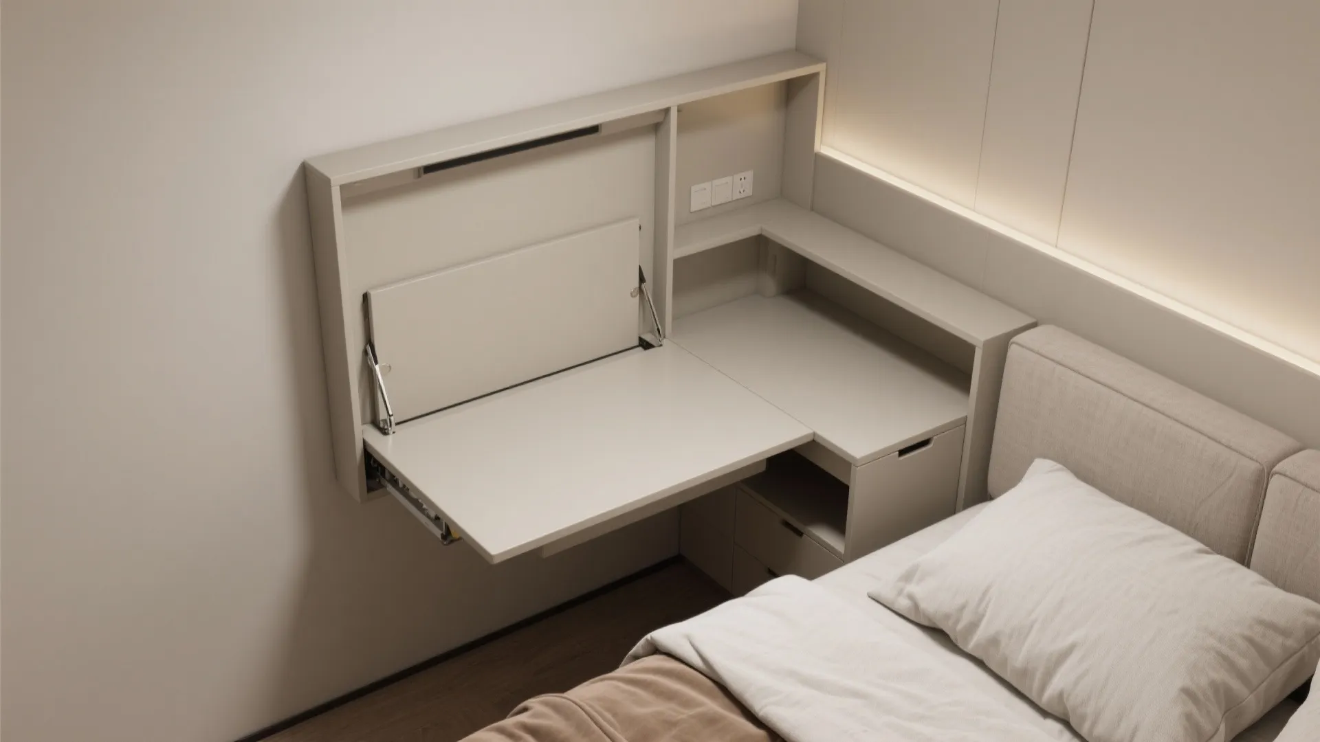 Space saving white foldable desk attached to wall cabinet next to bed in small bedroom