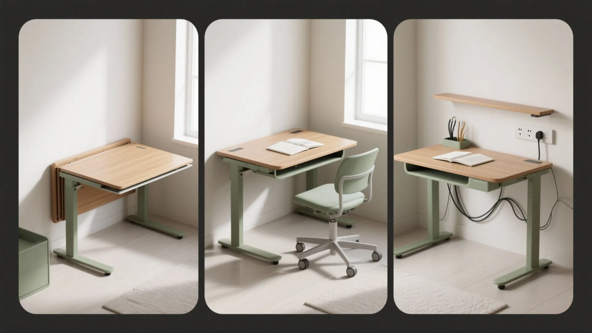 Three images showing a green foldable desk being opened and used with a matching desk chair