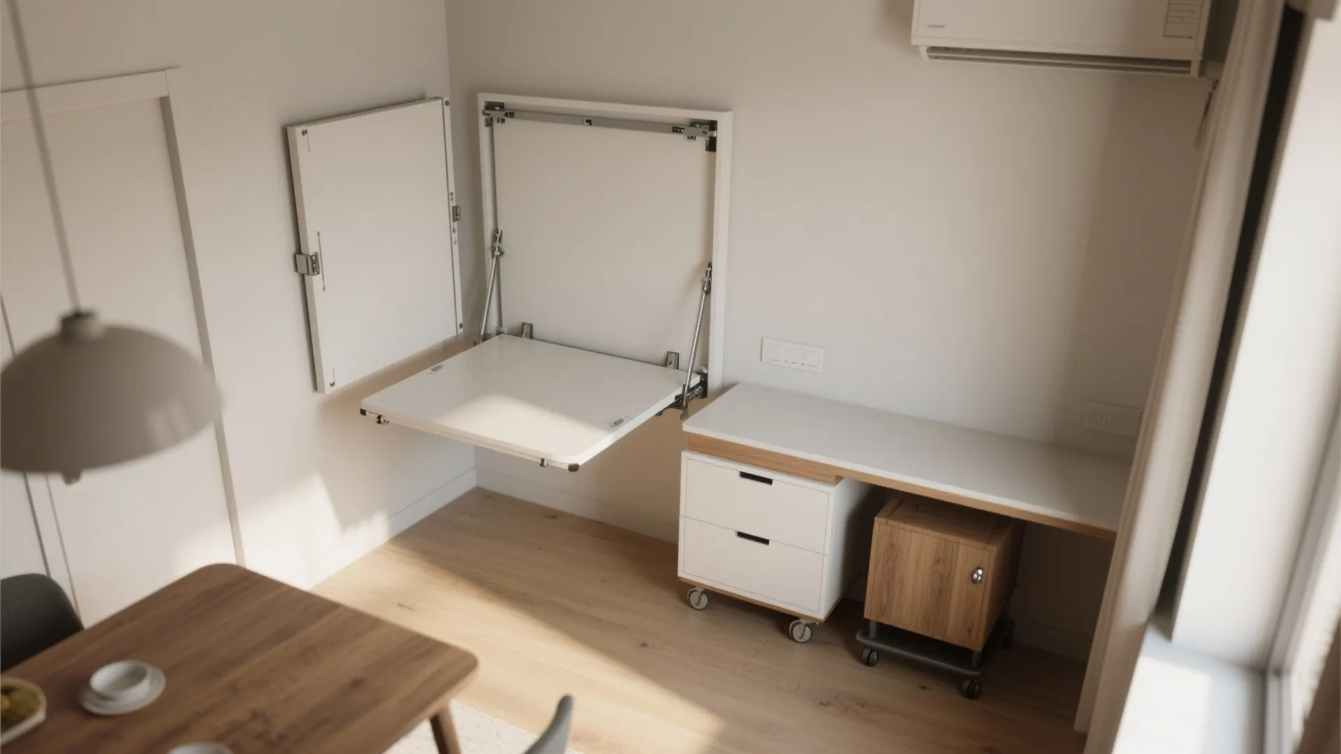 Top-down view showing a murphy-style fold-down desk and a drop-leaf table in a small room, with a rolling cabinet.