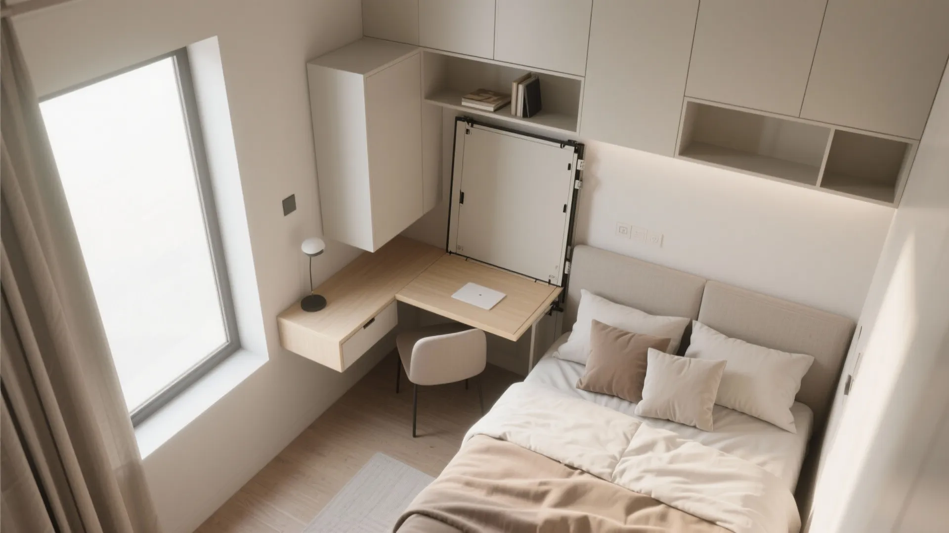 Small modern bedroom featuring a fold-out wall desk for a compact home office workspace design