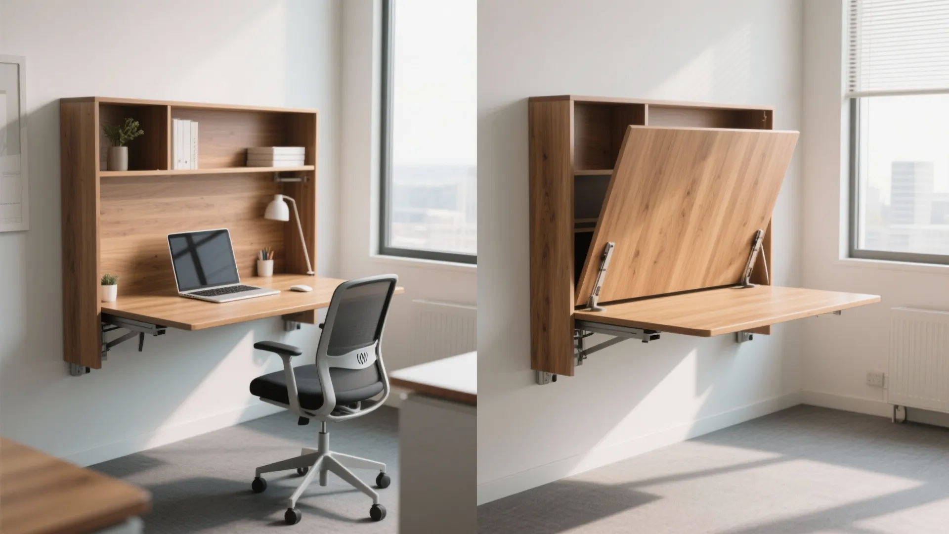 Before and after view of a wall mounted folding desk being opened for a workspace