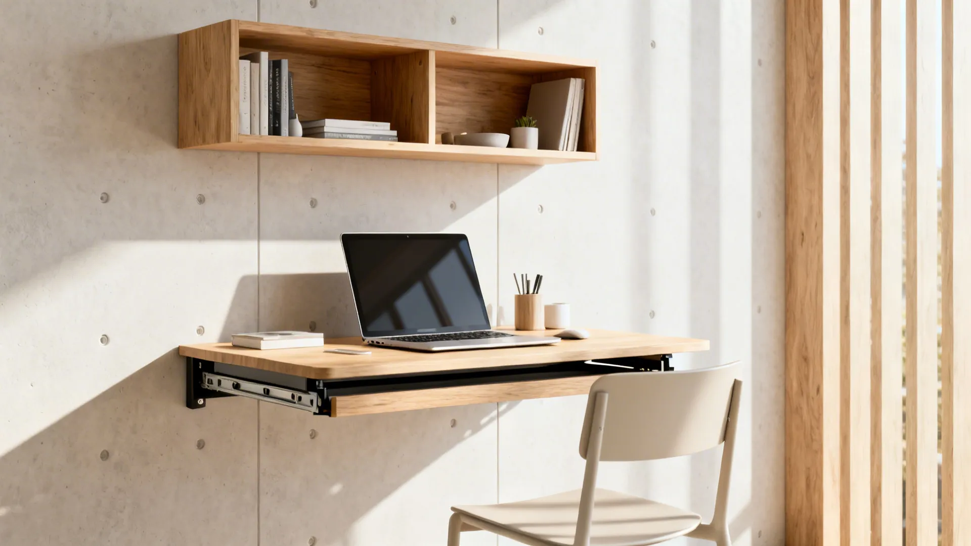 Wall-mounted foldable desk with open shelving in a living room corner, showing compact workstation folded down.