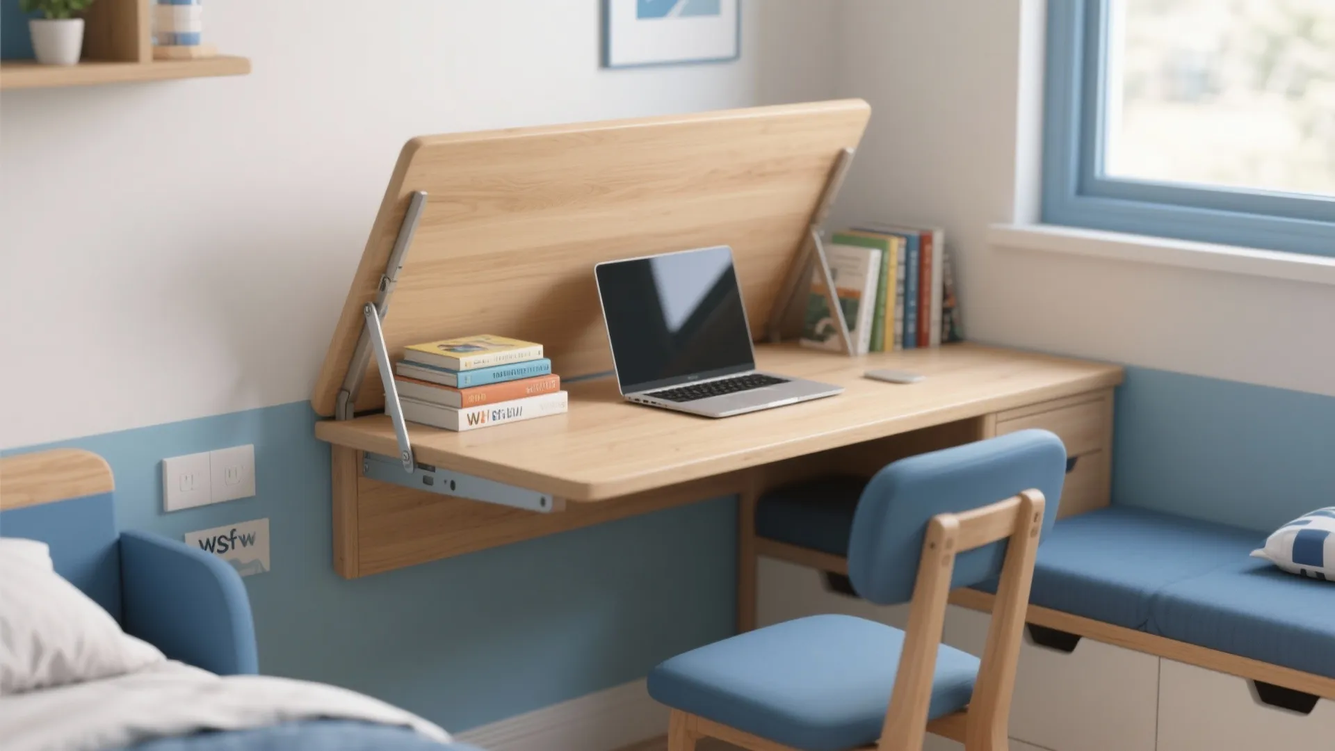 Foldable wooden desk in a small boys’ bedroom
