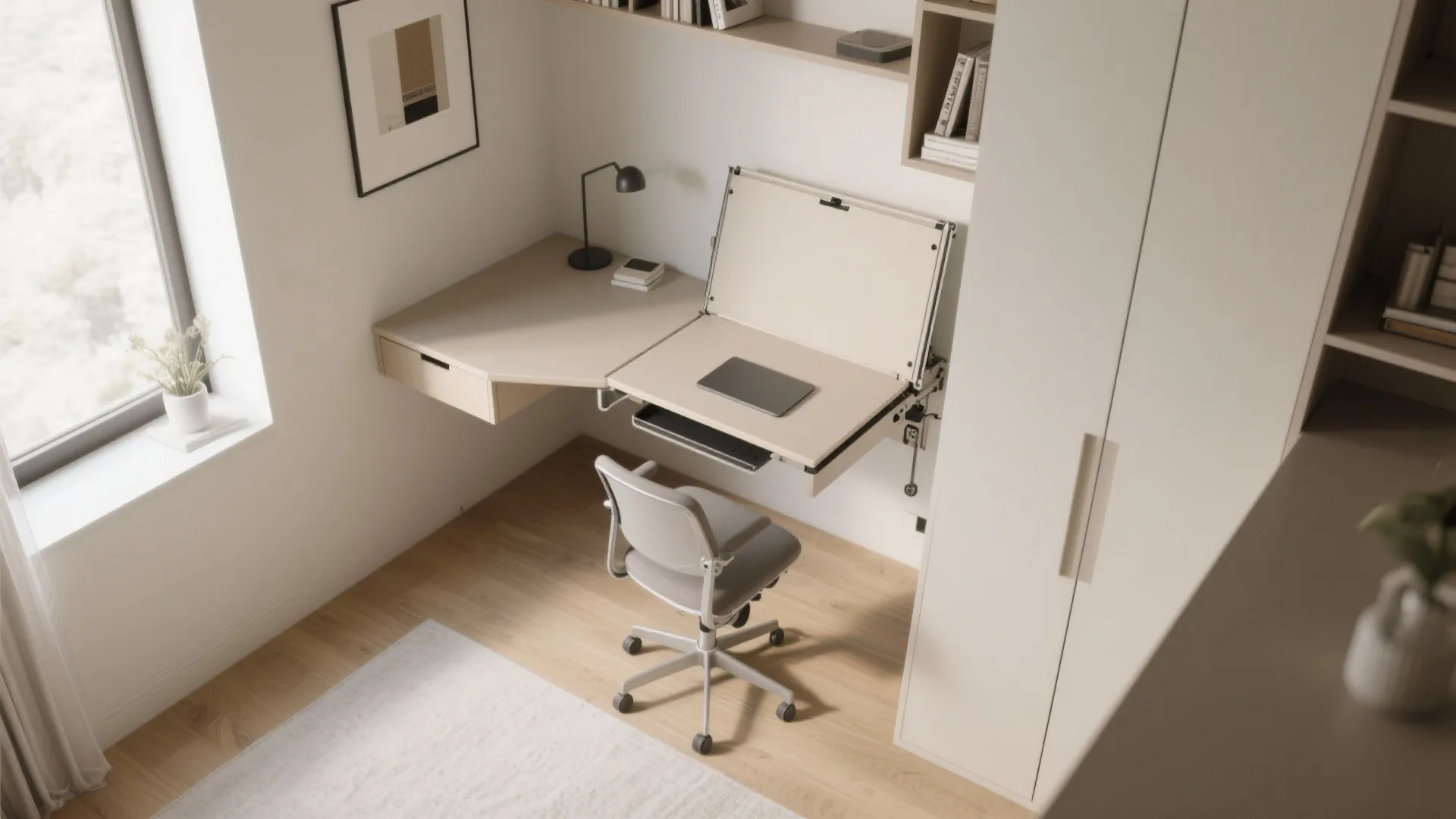 Modern wall mounted foldable desk with computer chair in a bright small home office room