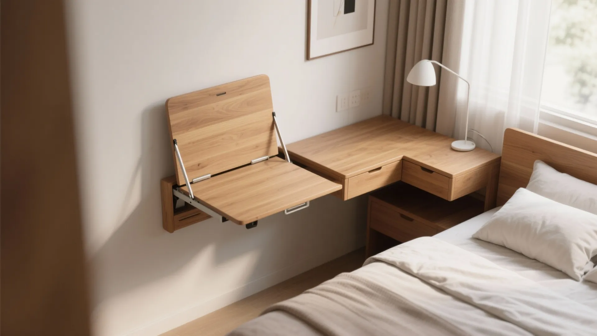 Space saving wooden foldable wall desk installed next to a bed with a white lamp