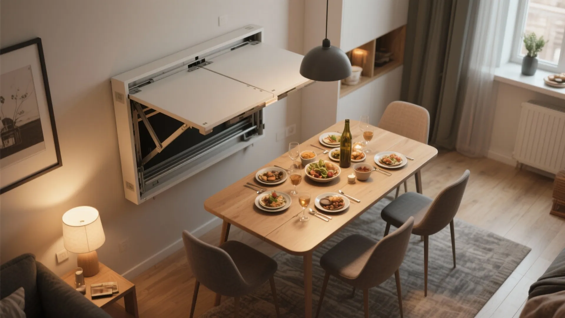 Foldable wall-mounted dining table in small apartment