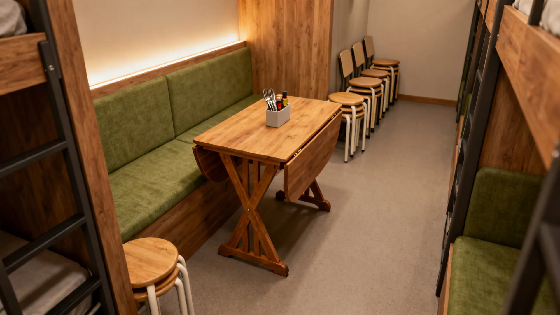 Compact drop-leaf table with stackable stools and a small tabletop caddy in a hostel dining nook.