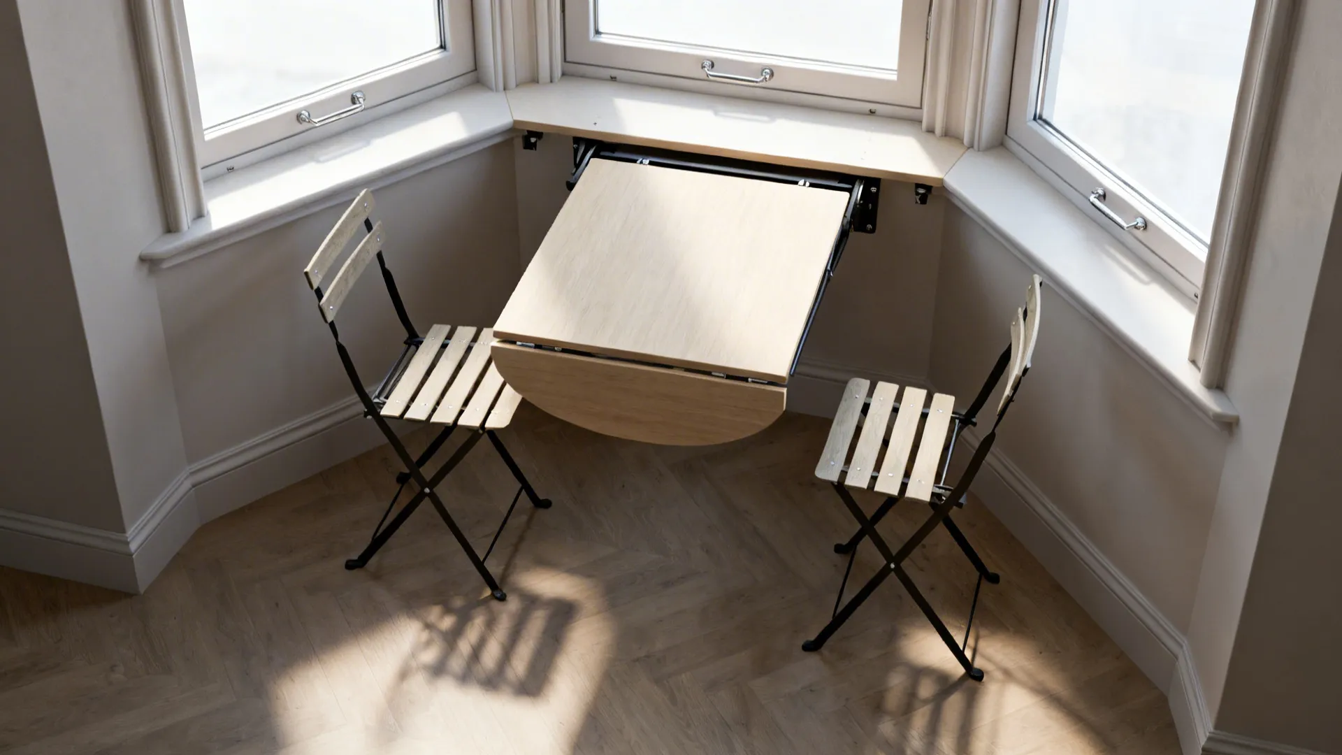 Fold-down table in a bay window with slim chairs, shown from above