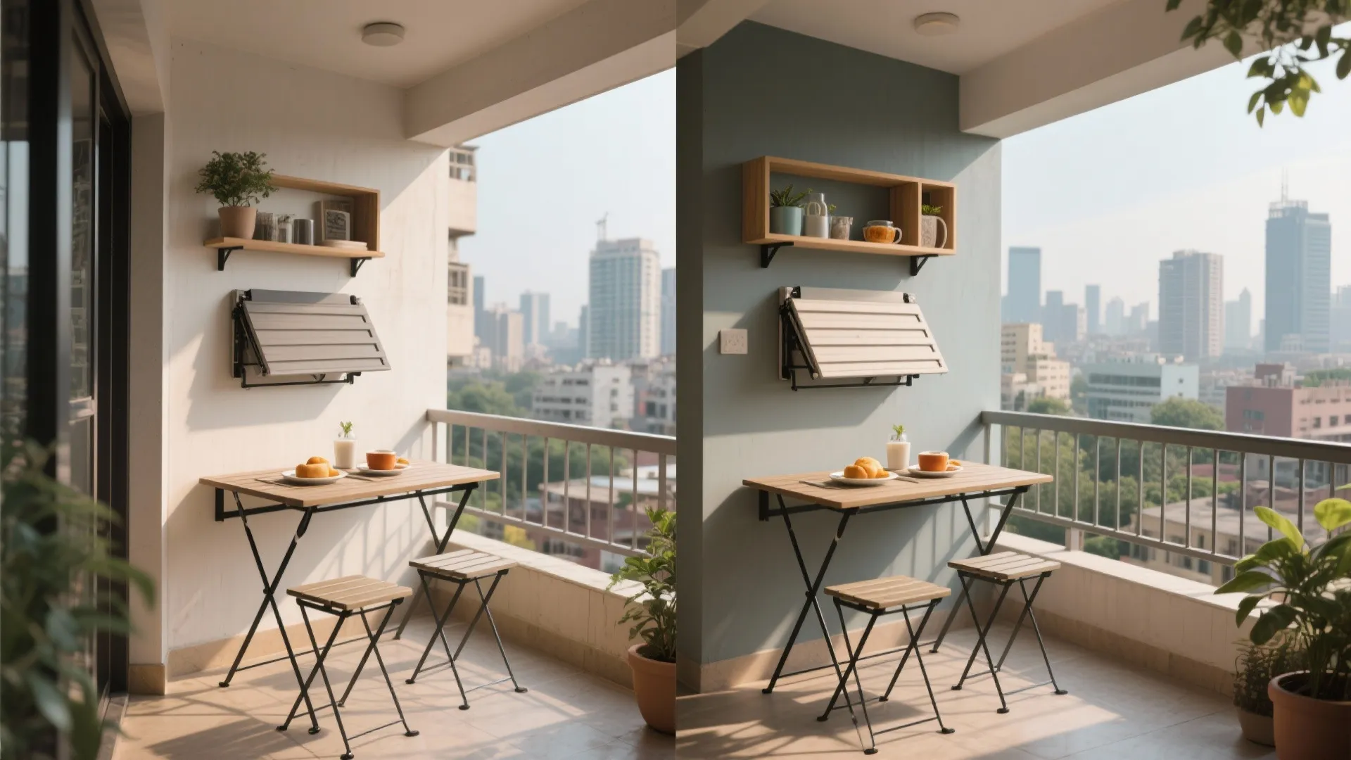 Side-by-side comparison of balcony dining area with white wall and blue accent wall color choices