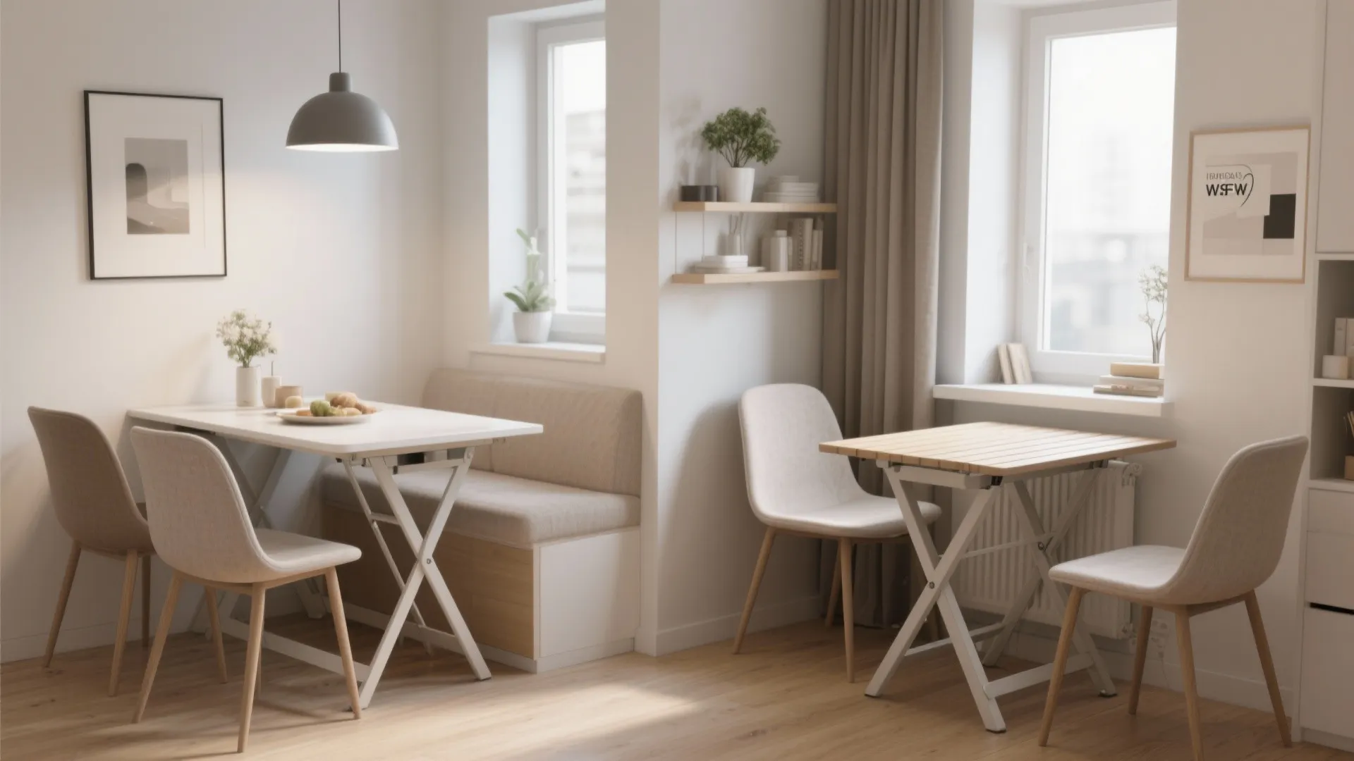 Small dining space showing two white foldable tables with matching chairs and a storage bench