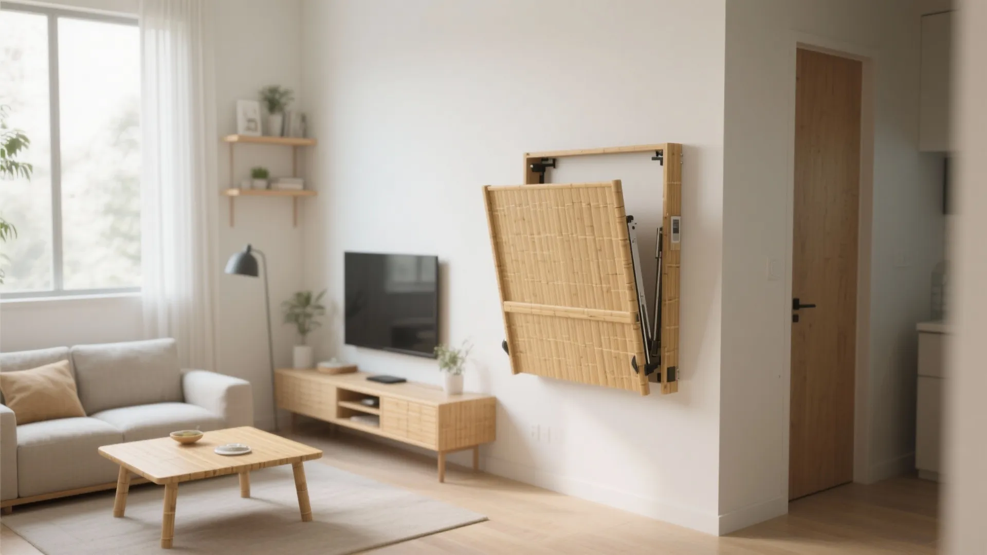 Small apartment living room showing a wooden foldable table mounted on wall for saving space layout