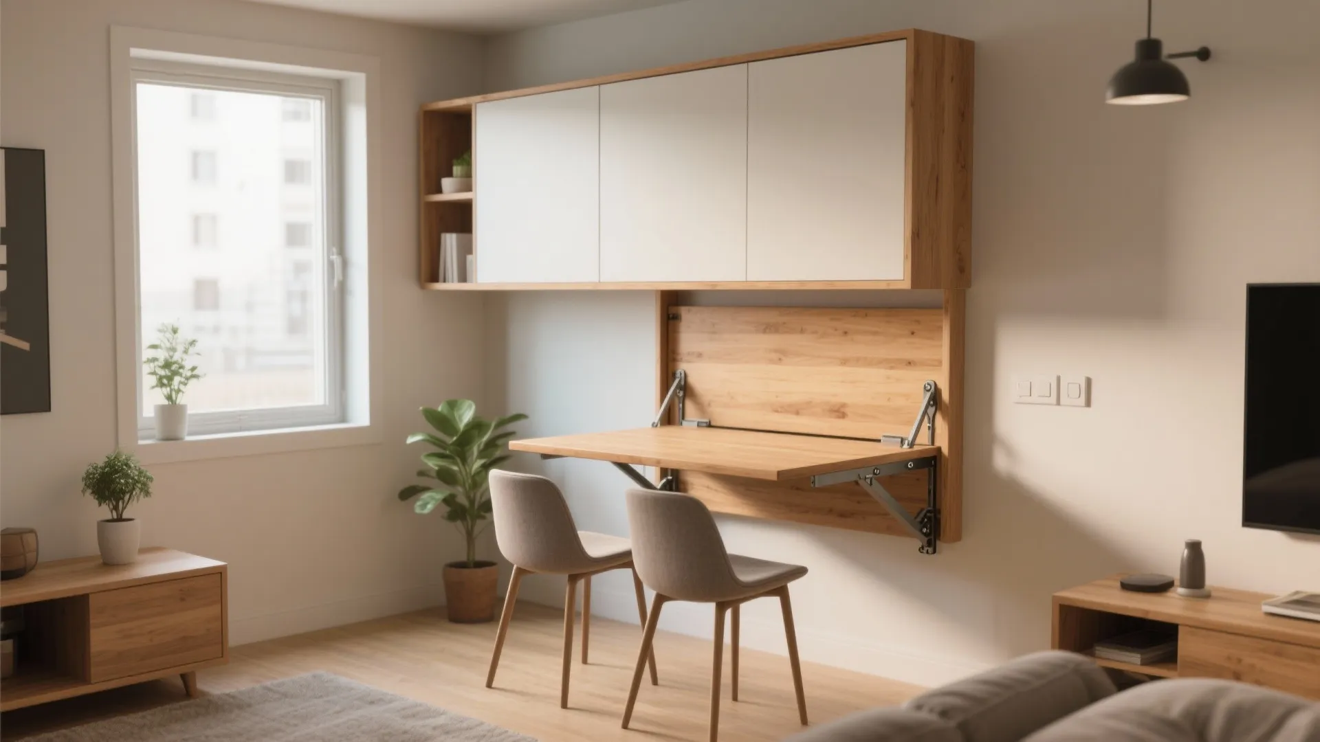 Wall mounted foldable wooden table with two grey chairs placed under a white and cabinet