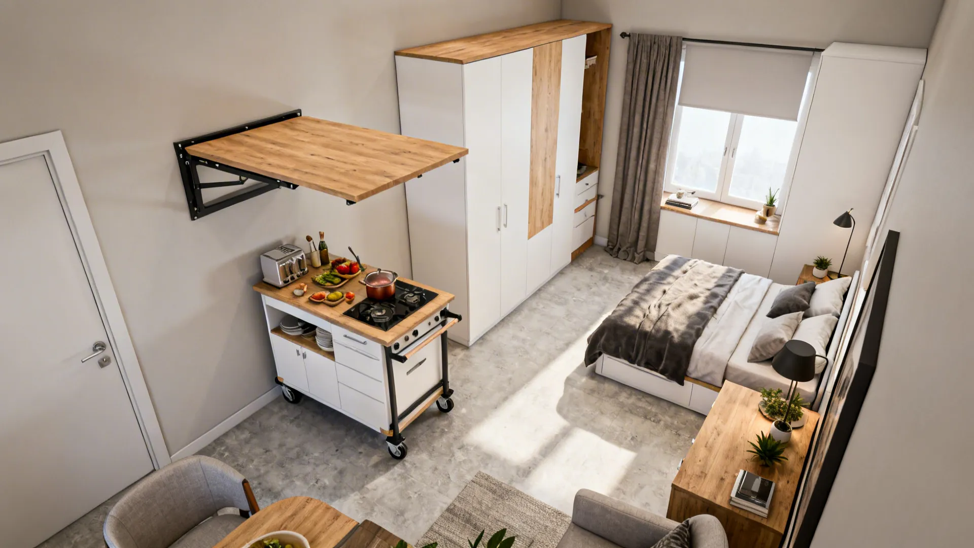 Top view of a small studio apartment featuring a foldable wall table and kitchen island
