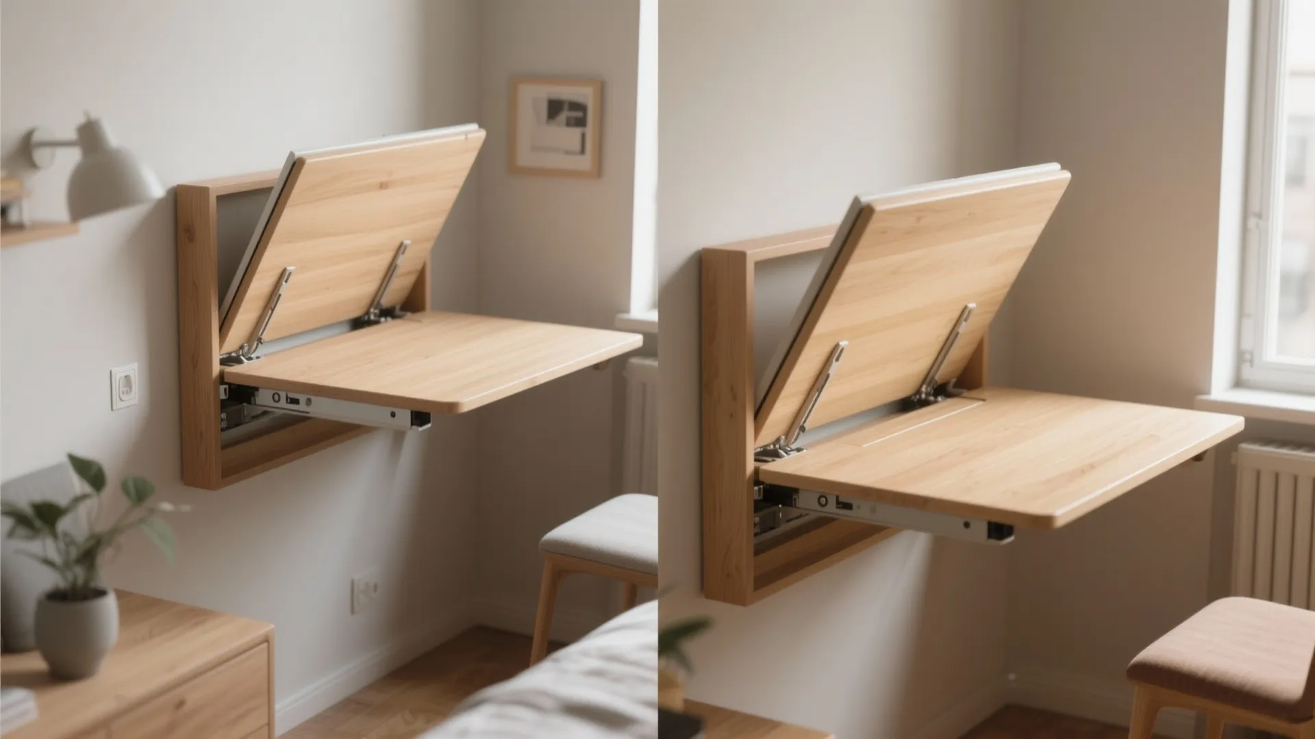 Wall mounted wooden desk with a foldable design showing the mechanism in a small office