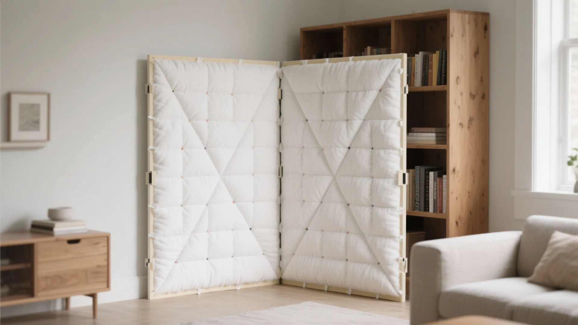 Foldable white padded screen standing in a living room near bookshelf sofa and wood floor