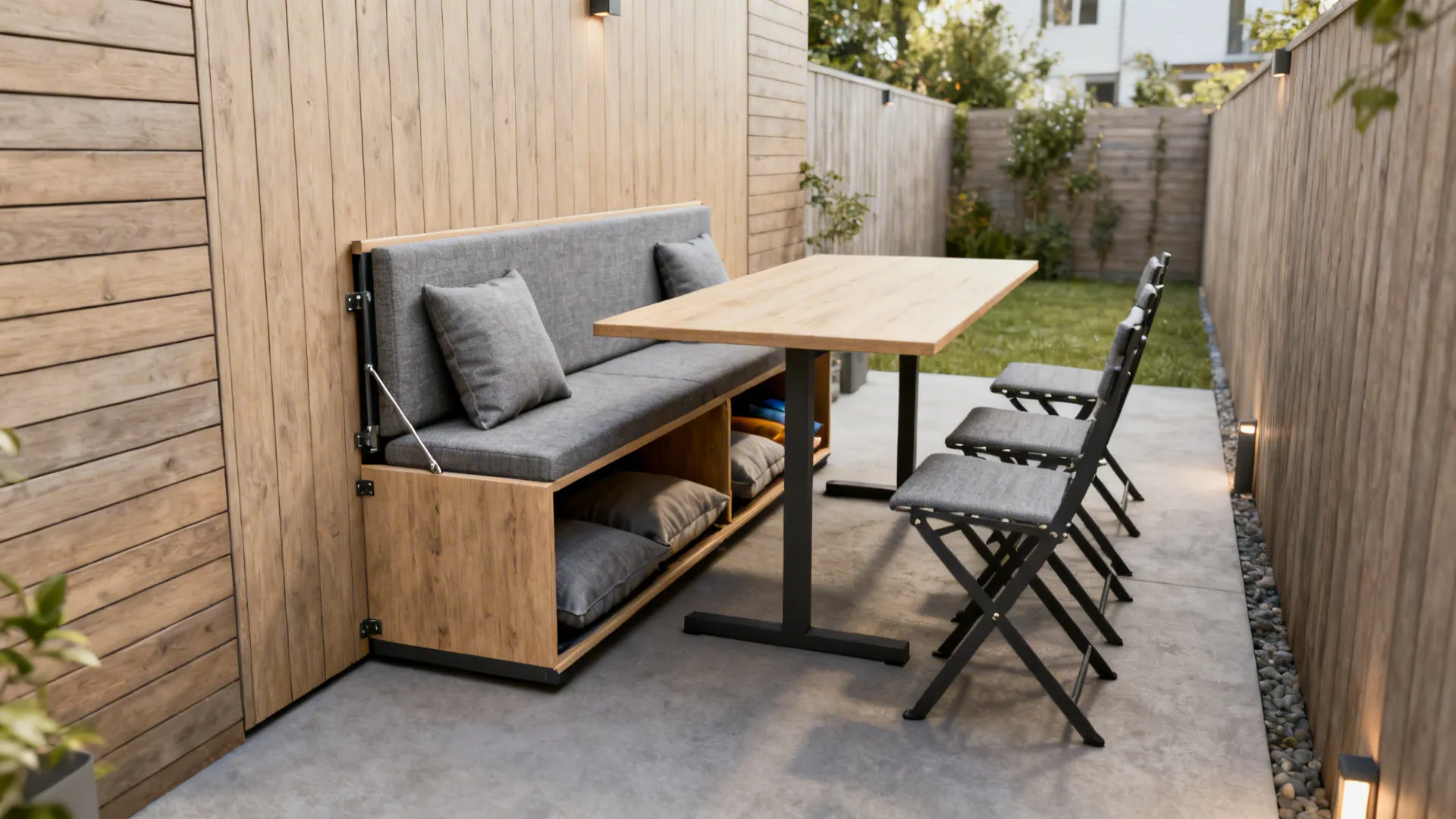 Fold-down table and bench with hidden storage in a compact patio dining setup